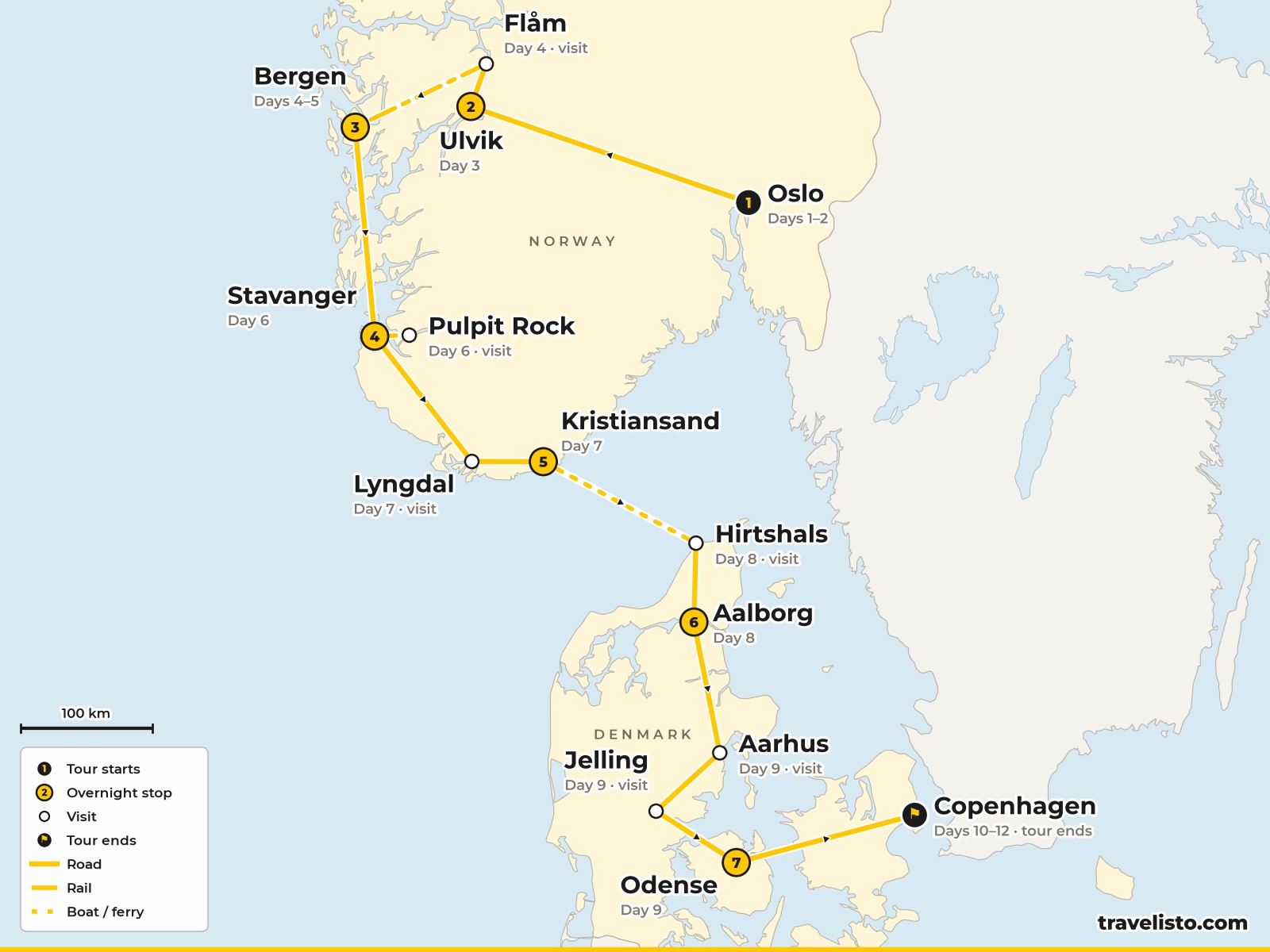 Map of the 12-day route from Oslo across Norway’s fjords and coast to Denmark and Copenhagen