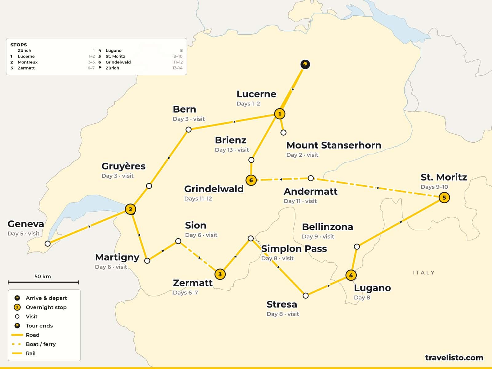 Map of the 14-day tour from Zürich to Lucerne, Bern, Montreux, Zermatt, Lugano, St Moritz, the Glacier Express to Grindelwald and back to Zürich