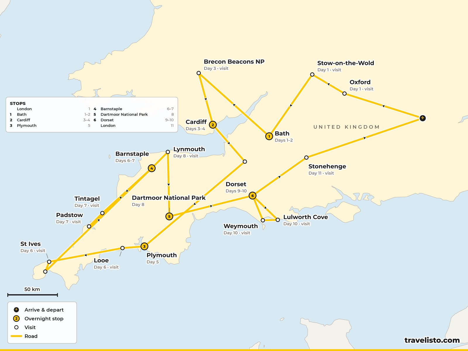 Map of the 11-day route from London to Bath, Cardiff, Plymouth, Cornwall, Barnstaple, Dartmoor, Dorset and back