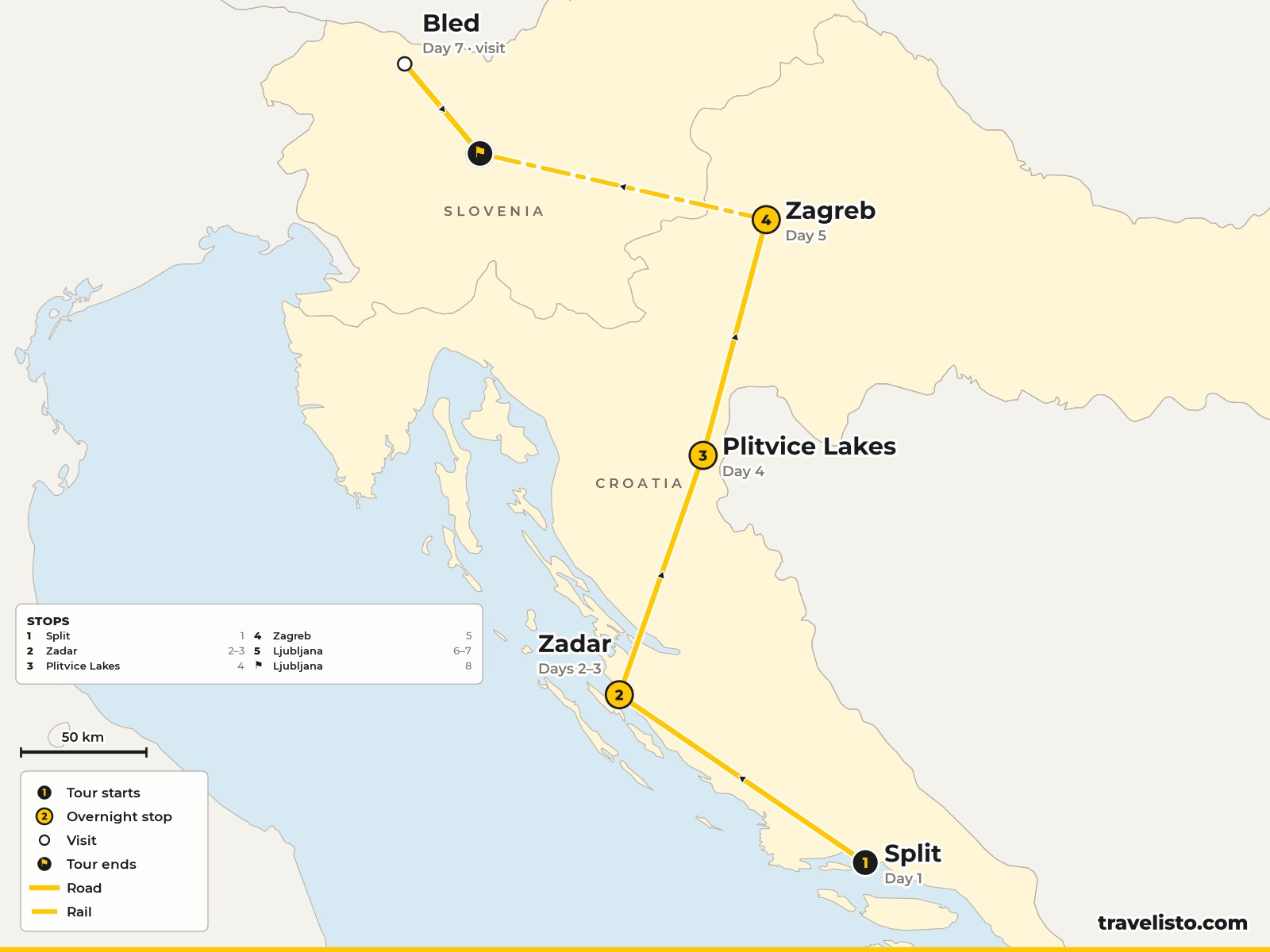 Map of the 8-day route from Split to Zadar, Plitvice Lakes, Zagreb and Ljubljana