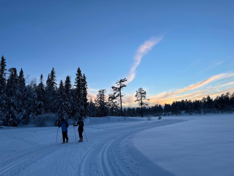Two cross-country skiers on a snowy trail at dusk