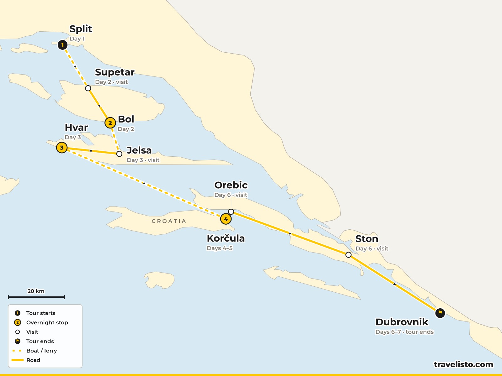 Map of the 7-day cycling route from Split to Brač, Hvar, Korčula and Dubrovnik