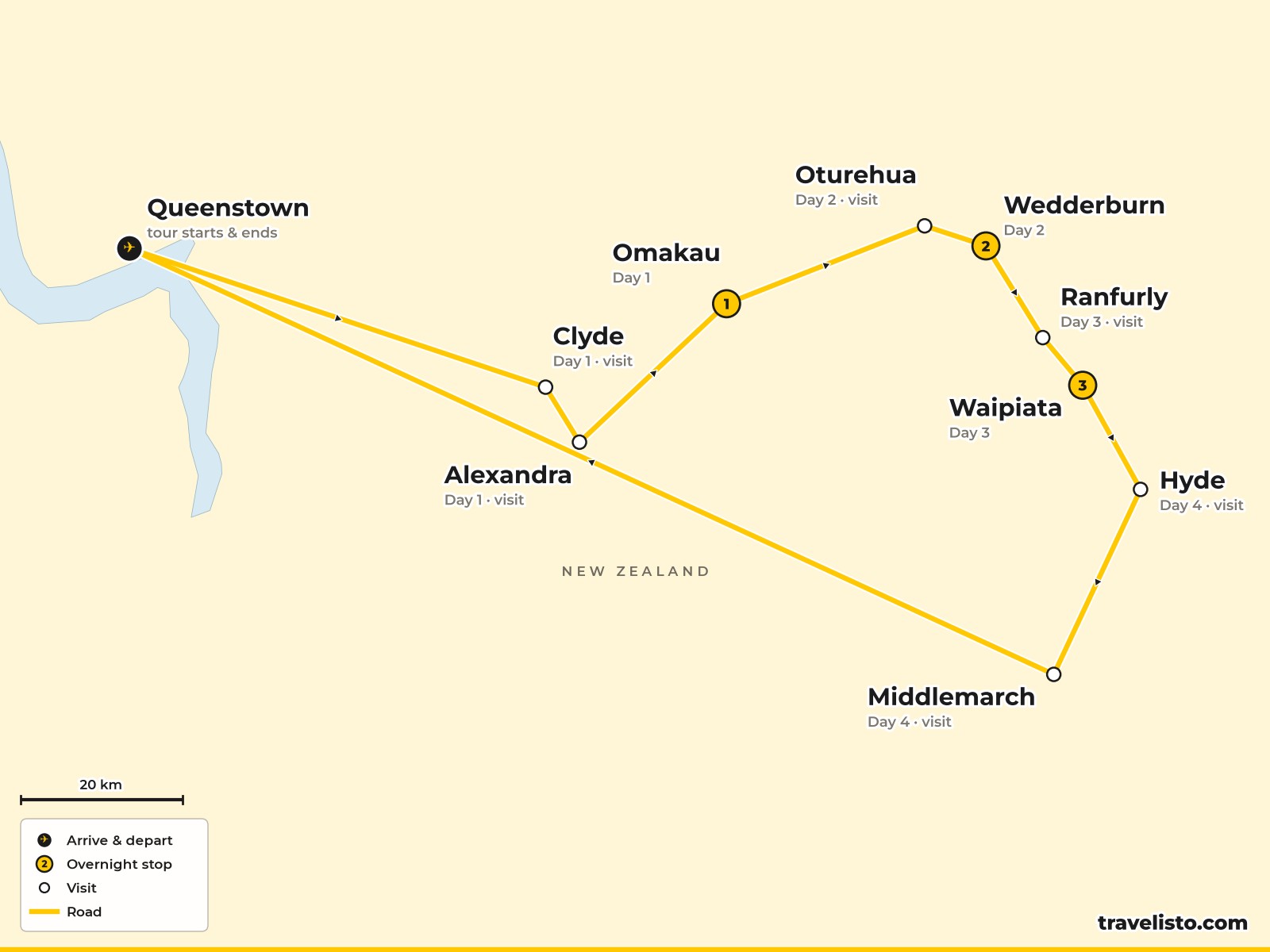 Map of the 4-day cycling route along the Otago Central Rail Trail from Clyde to Middlemarch