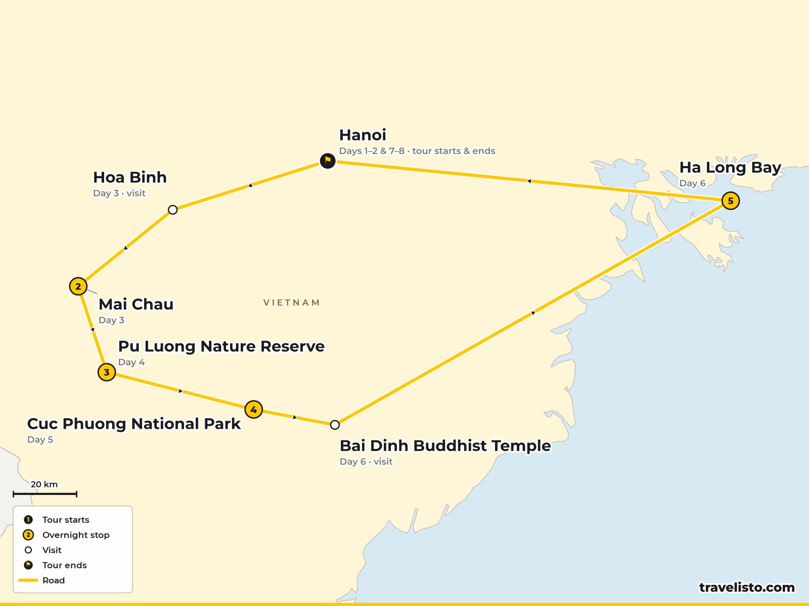 Map of the 8-day cycling route from Hanoi to Mai Chau, Pu Luong, Cuc Phuong, Ninh Binh and Ha Long Bay