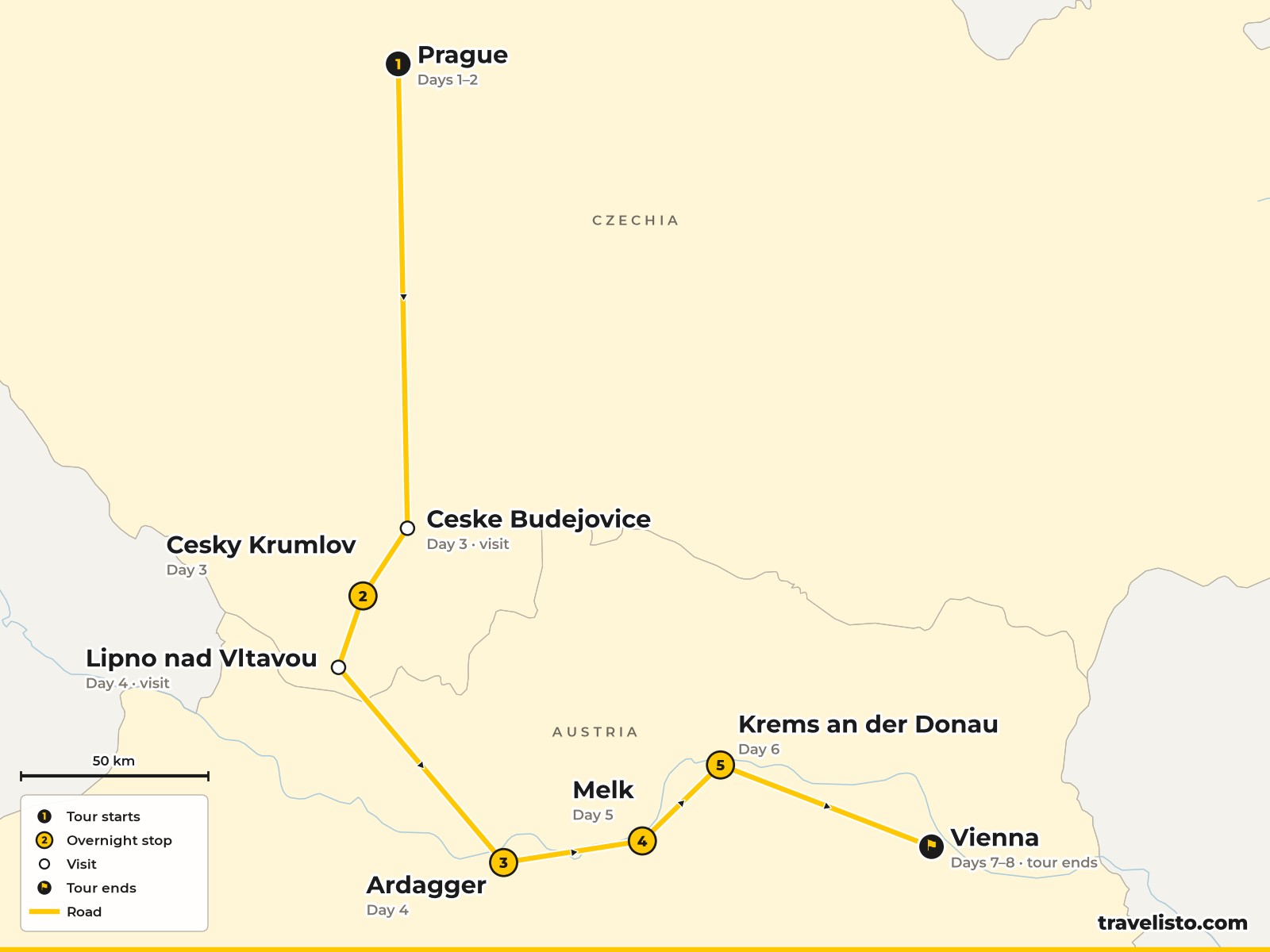 Map of the 8-day cycling route from Prague to Český Krumlov, Lipno Lake, Melk, Krems and Vienna