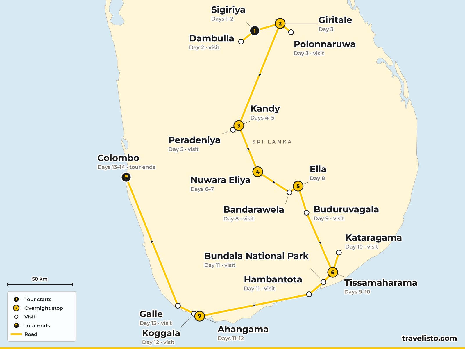 Map of the 14-day cycling route from Sigiriya to Kandy, Nuwara Eliya, Ella, Yala and the south coast