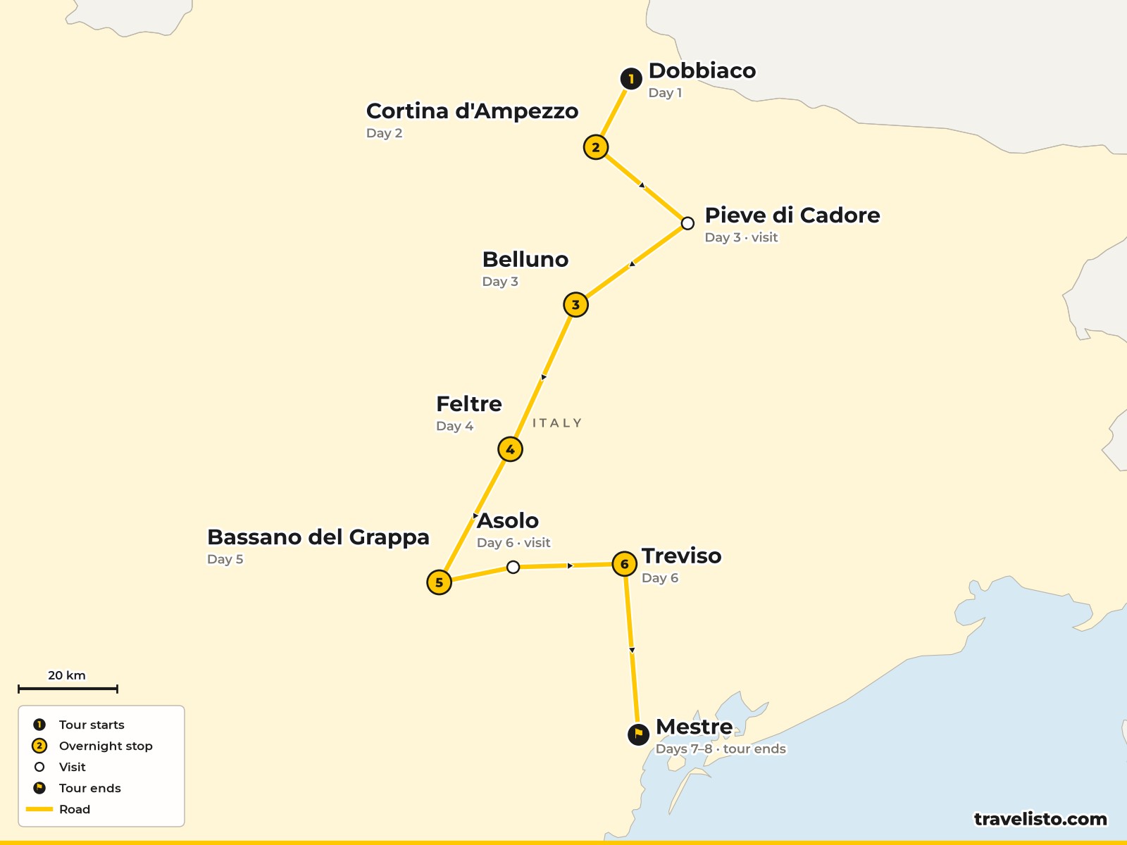 Map of the 8-day cycling route from Dobbiaco to Cortina, Belluno, Bassano and Venice