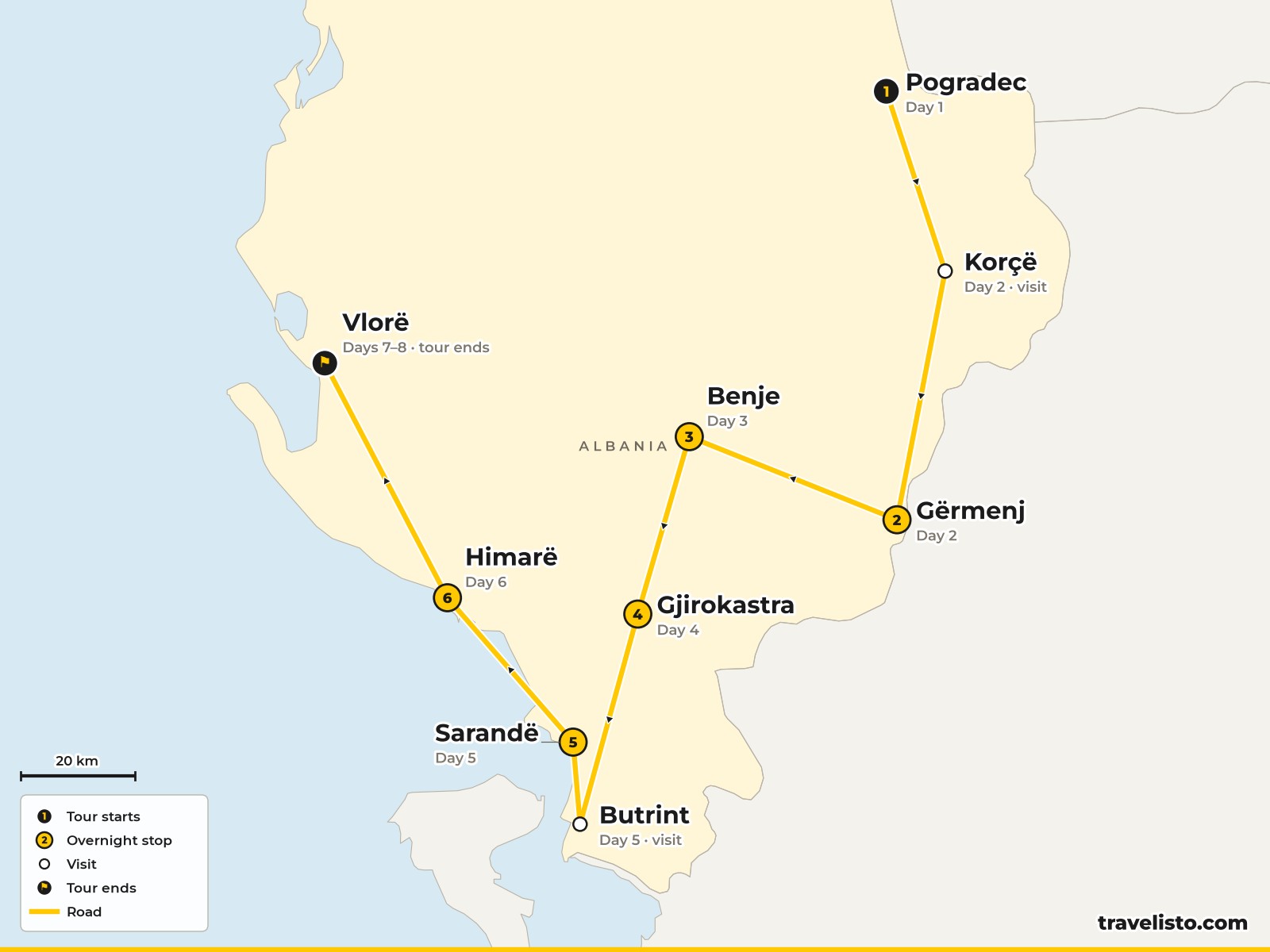 Map of the 8-day cycling route from Pogradec to Gjirokastra, Sarandë and Vlorë