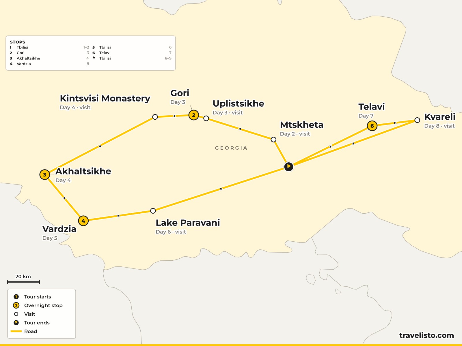 Map of the 9-day cycling route from Tbilisi to Uplistsikhe, Vardzia and Kakheti