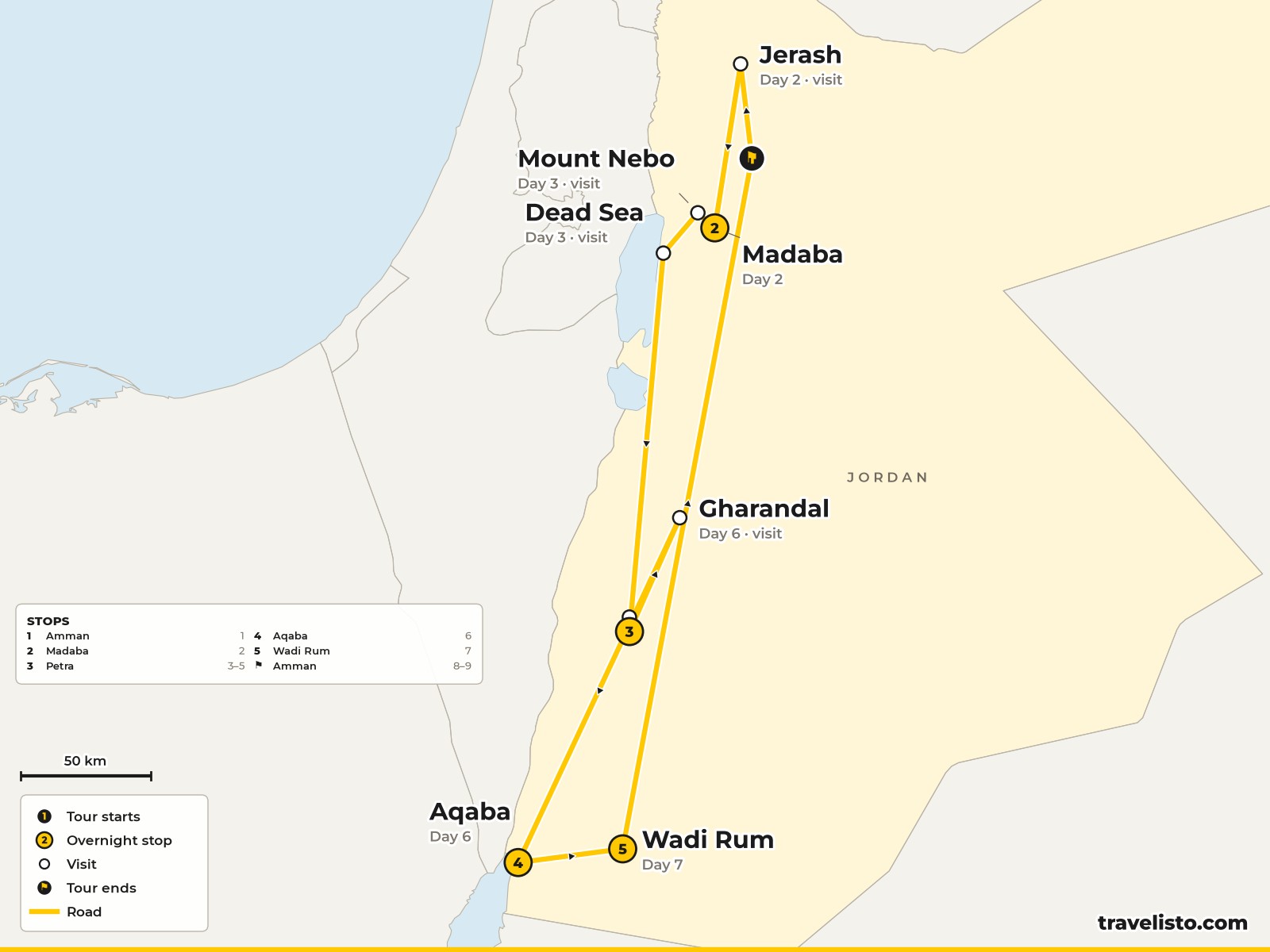 Map of the 9-day cycling route from Amman to Madaba, Petra, Aqaba and Wadi Rum