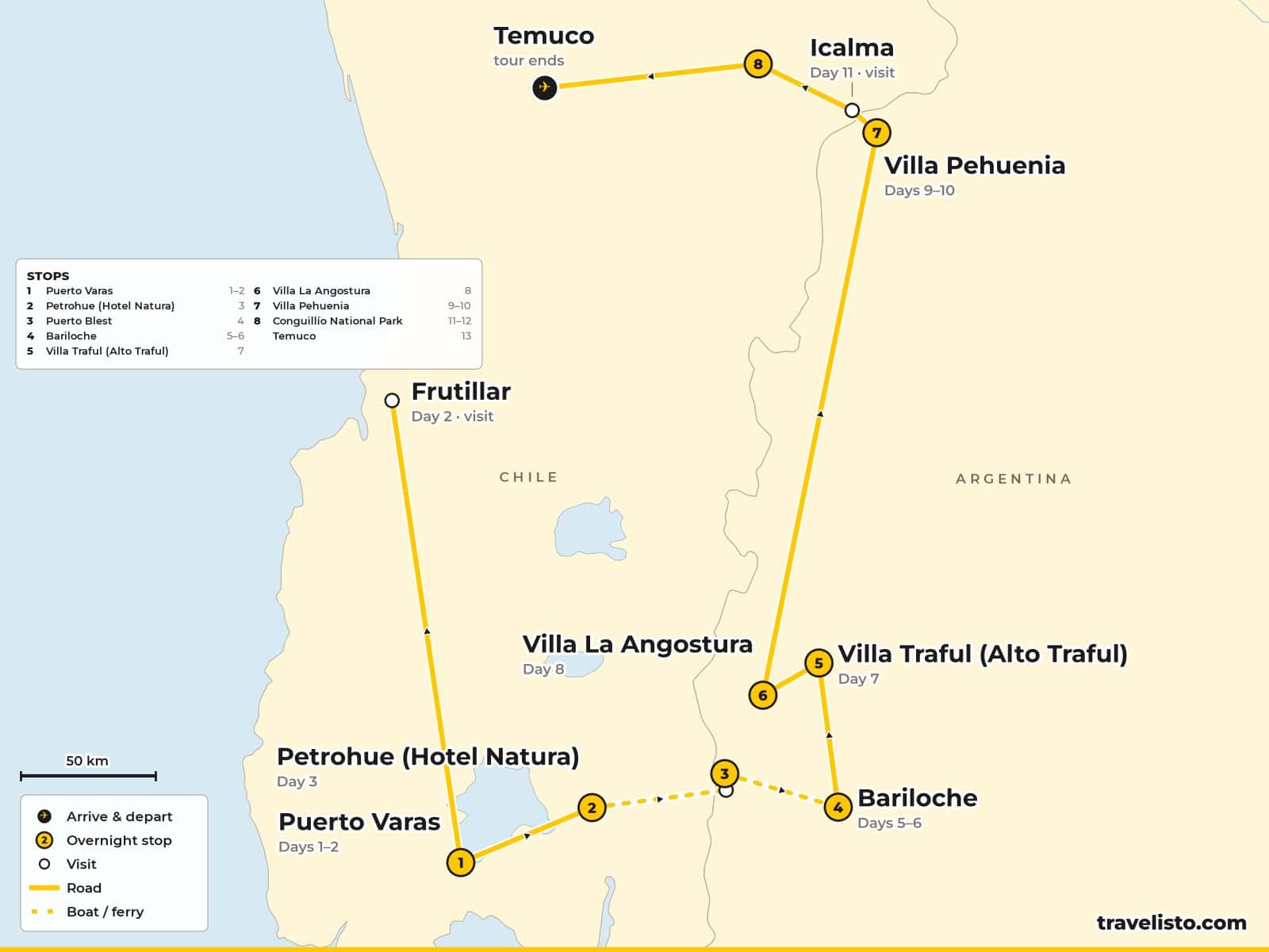 Map of the 13-day cycling route from Puerto Varas across the Andes to Bariloche, the Seven Lakes Route and Villa Pehuenia, back to Conguillío in Chile