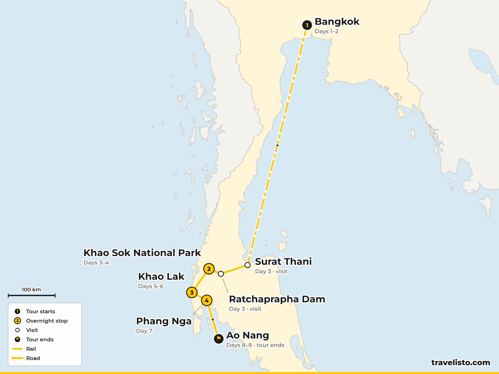 Map of the 9-day cycling route from Bangkok to Surat Thani, Khao Lak, Phang Nga and Ao Nang