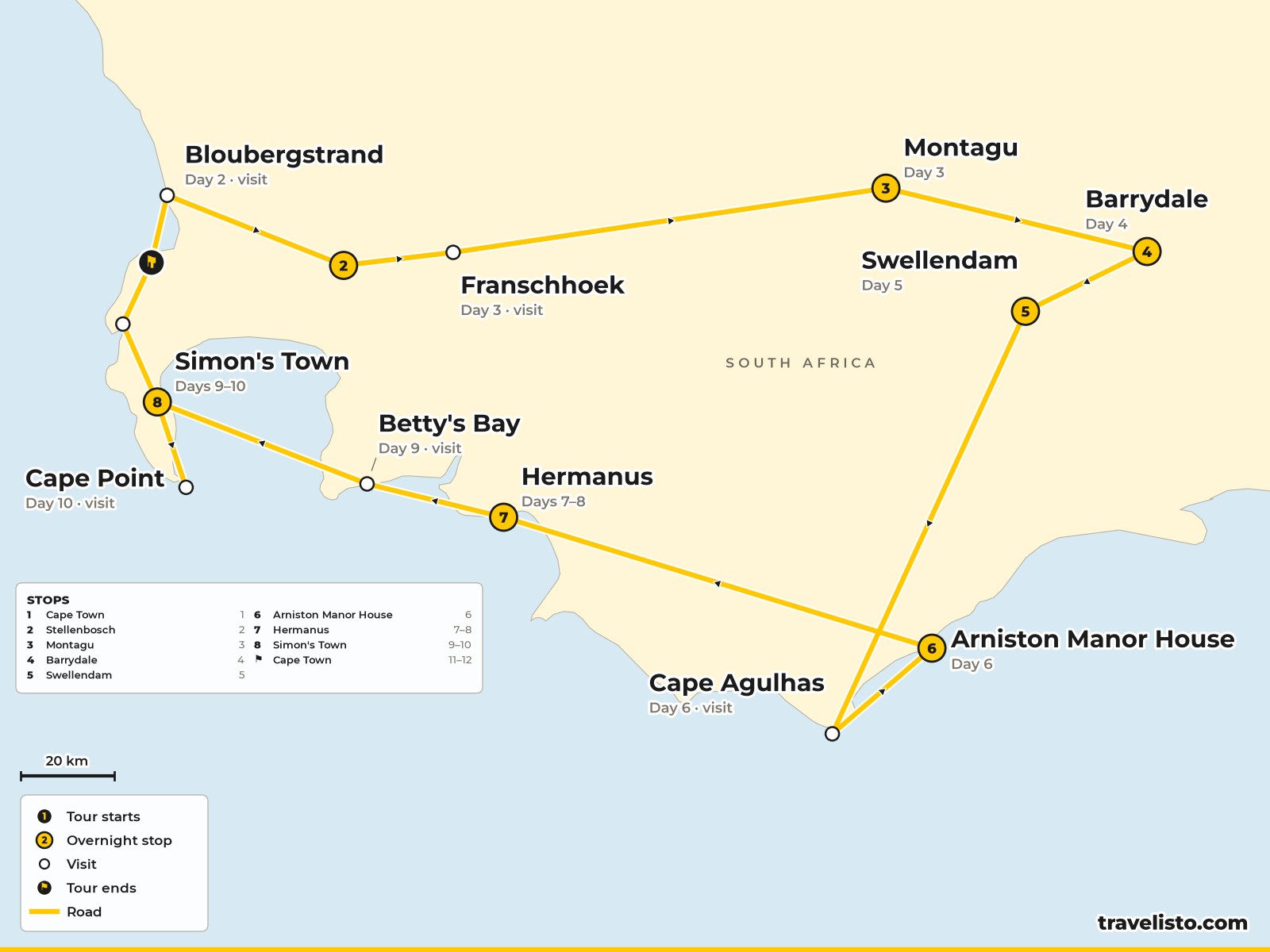 Map of the 12-day cycling loop from Cape Town through the Winelands, the Karoo and the Whale Coast