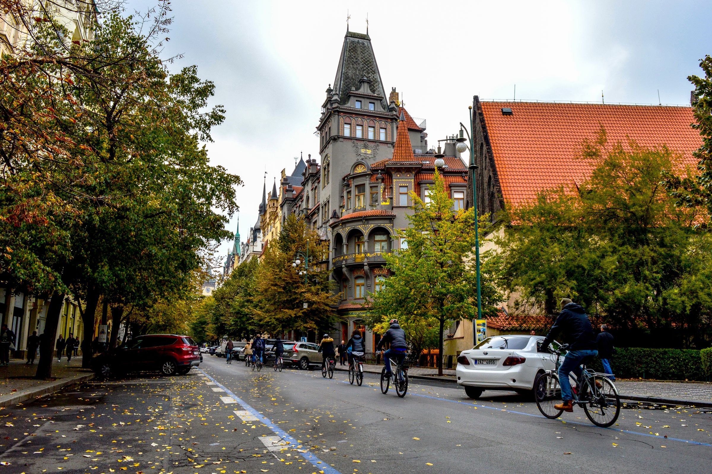 Cyclists on a street in Prague