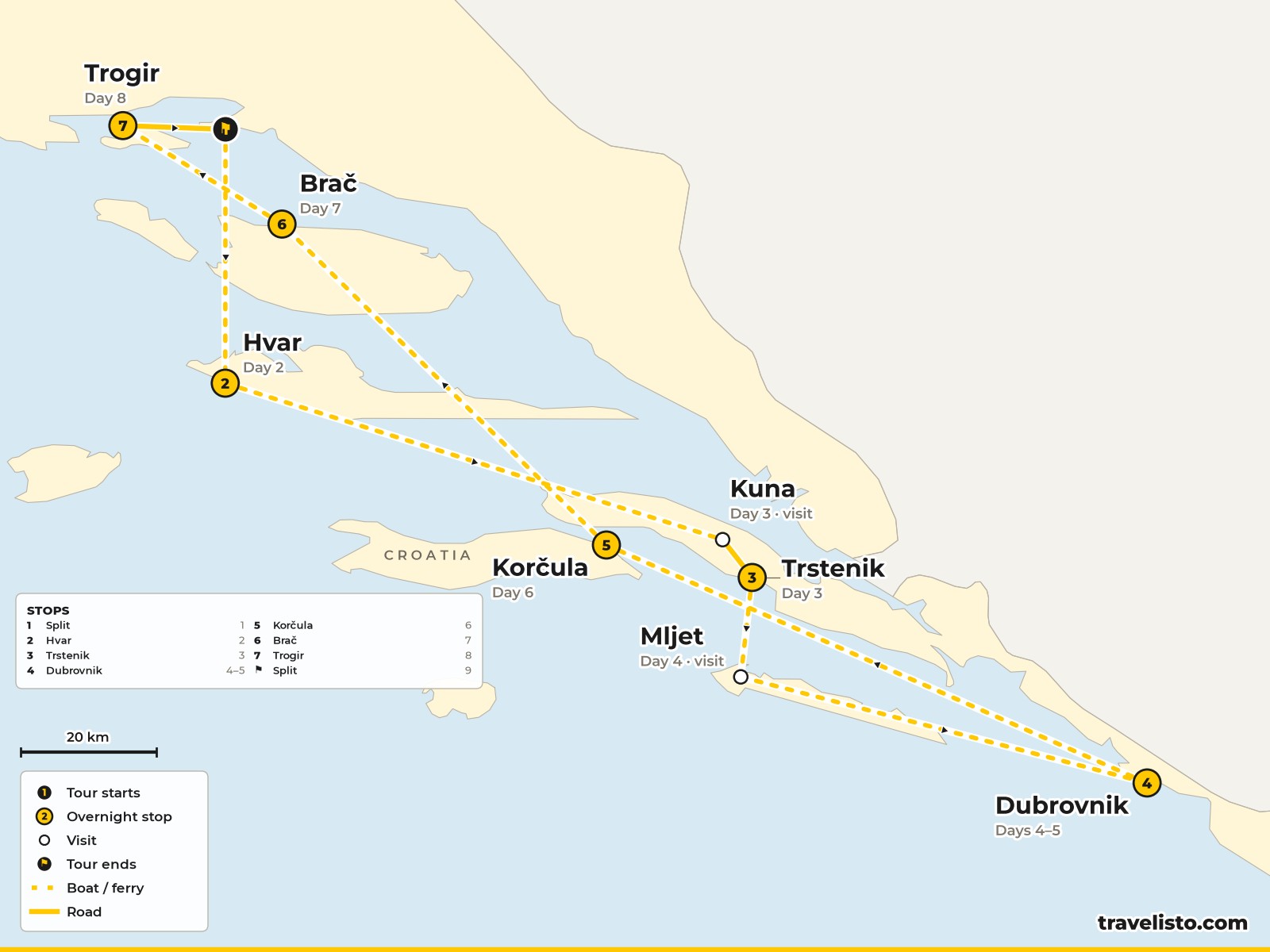Map of the 9-day cruise from Split to Hvar, Peljesac, Mljet, Dubrovnik, Korcula, Brac and Trogir