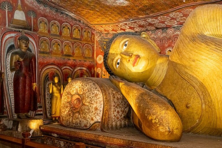 Buddha statues inside the Dambulla cave temple, Sri Lanka