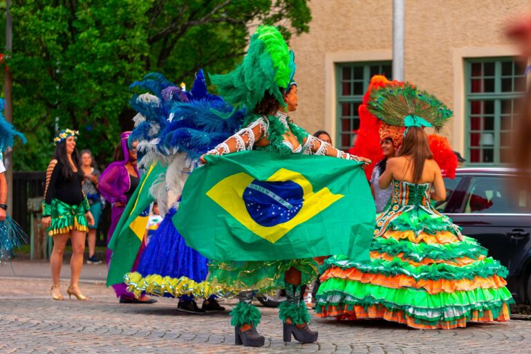 Dancers in colourful costumes at a Brazilian carnival parade