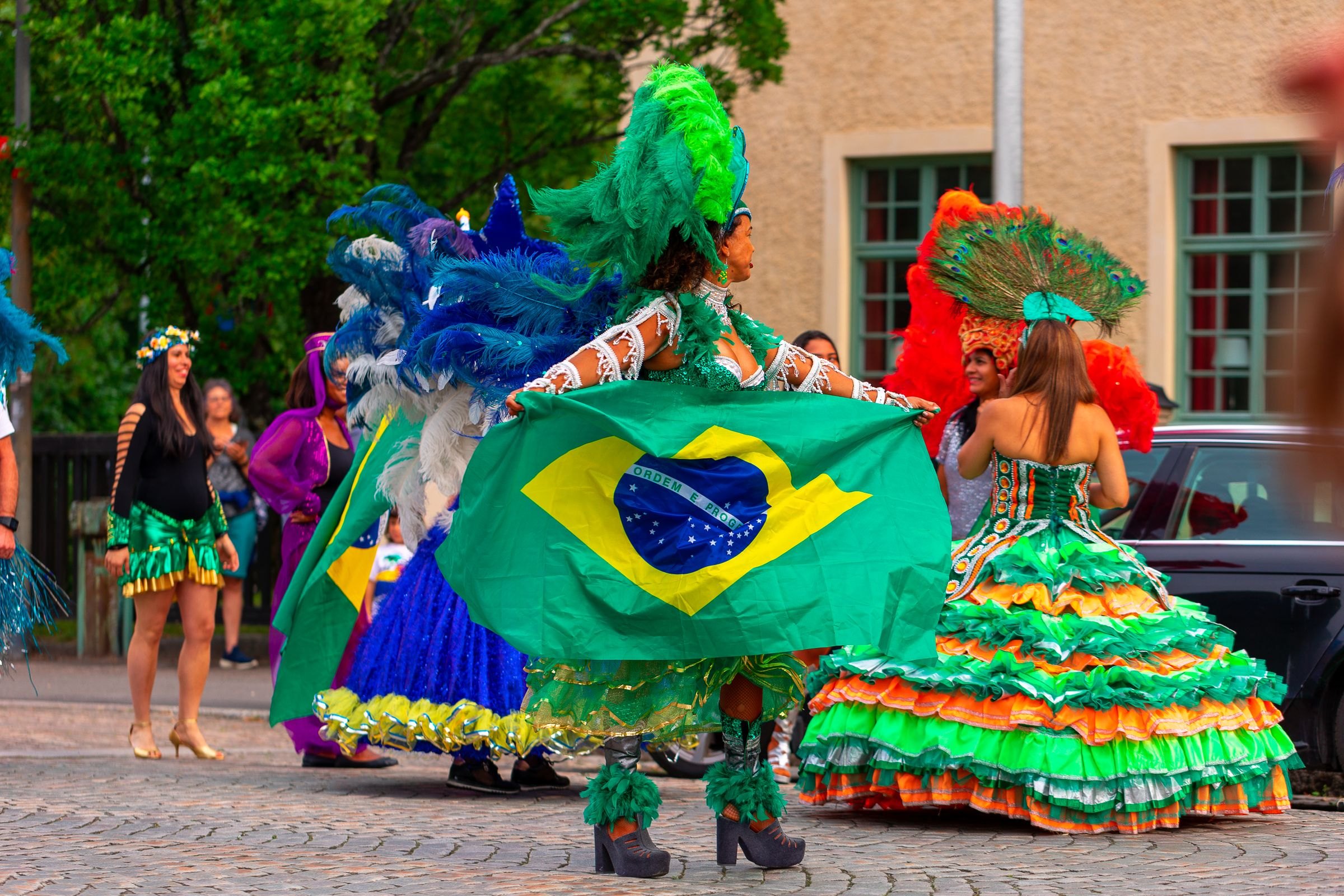 Dancers in colourful costumes at a Brazilian carnival parade