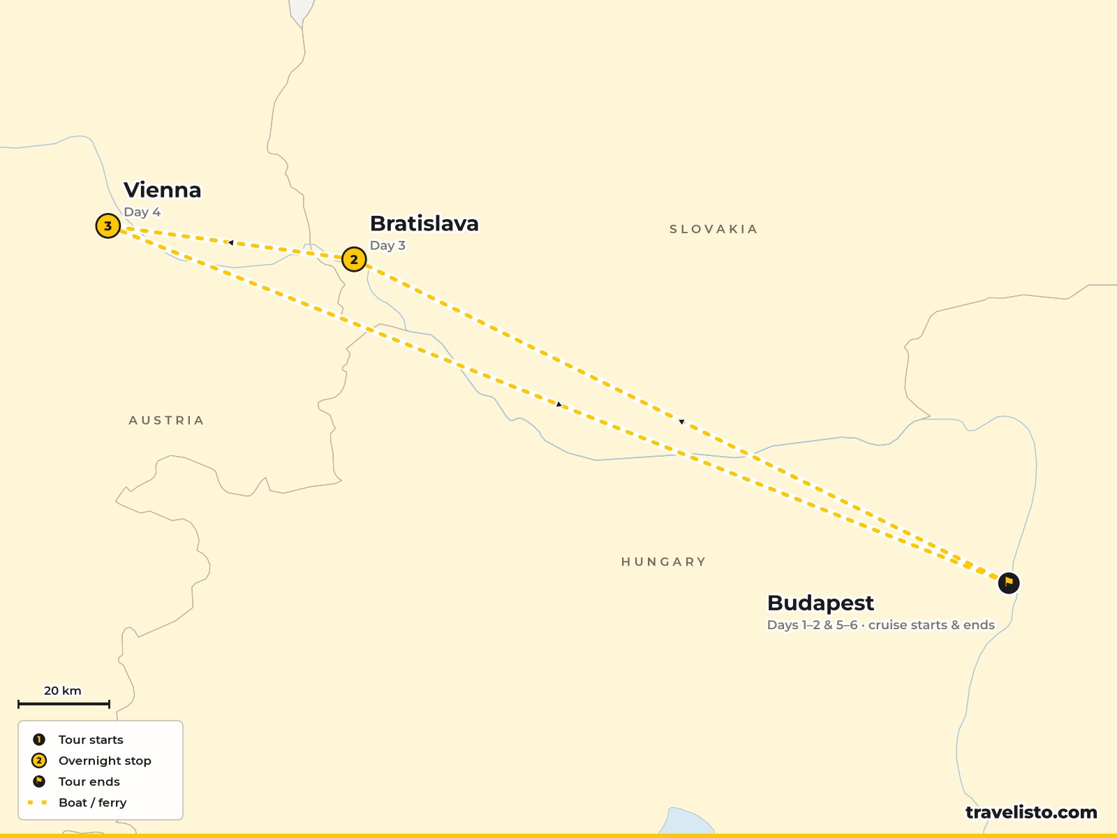 Map of the 6-day Danube cruise from Budapest to Bratislava and Vienna and back