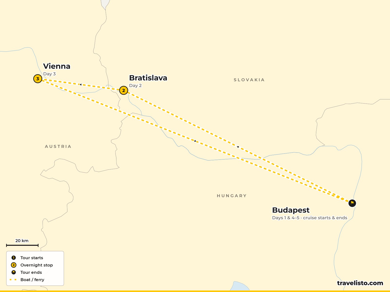 Map of the 5-day Danube cruise from Budapest to Bratislava and Vienna and back