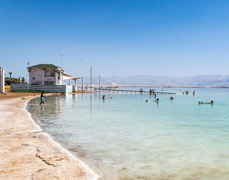 Swimmers in the shallow waters of the Dead Sea