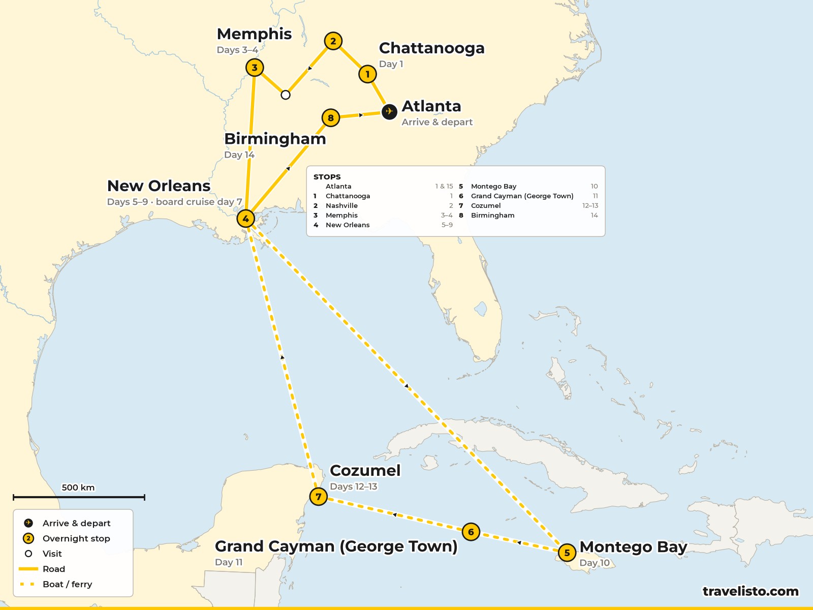 Map of the 16-day route from Atlanta through Tennessee to New Orleans and a Caribbean cruise to Jamaica, Grand Cayman and Cozumel