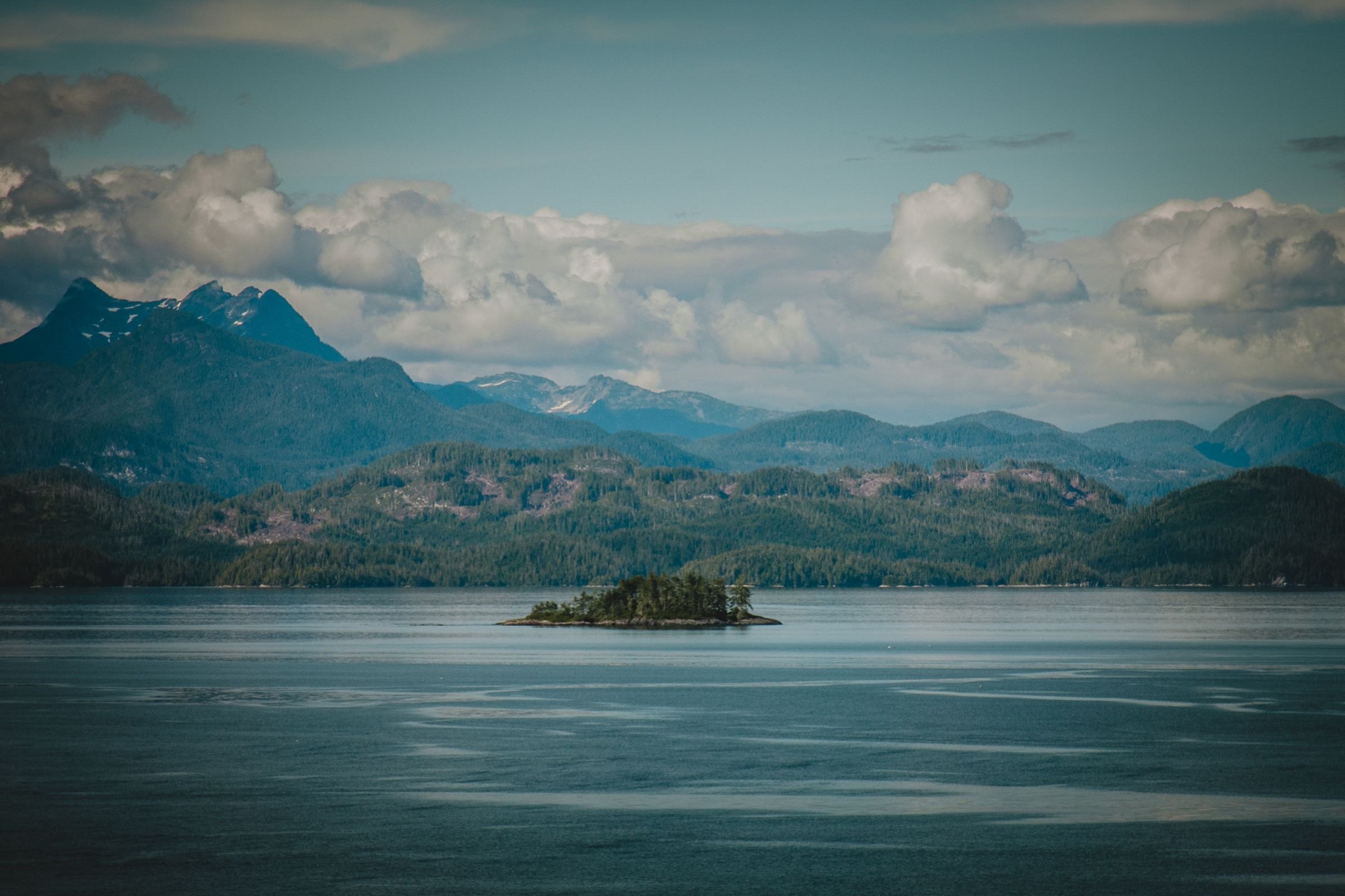 An island in the calm waters of the Pacific Northwest