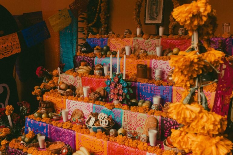 A Day of the Dead altar with marigolds