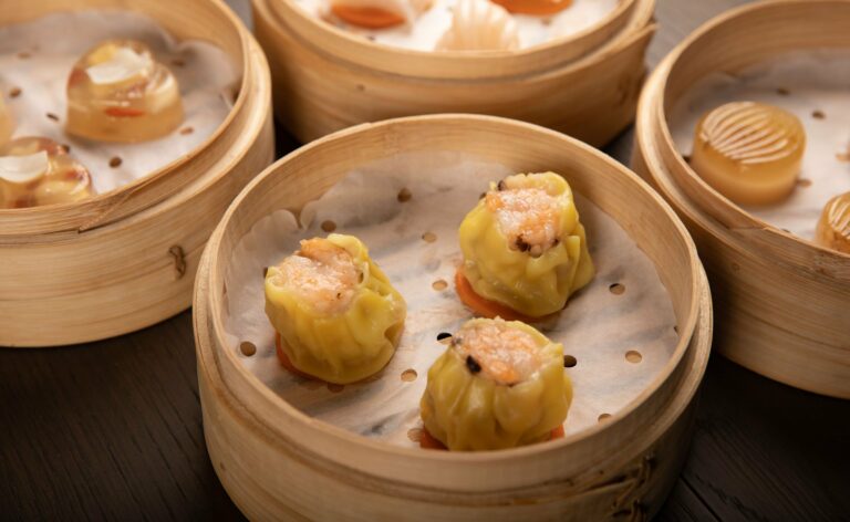 Dim sum in bamboo steamers