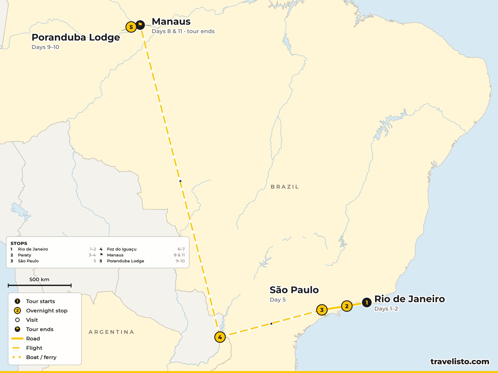 Map of the 11-day route from Rio de Janeiro to Paraty, São Paulo, Foz do Iguaçu, Manaus and the Rio Negro