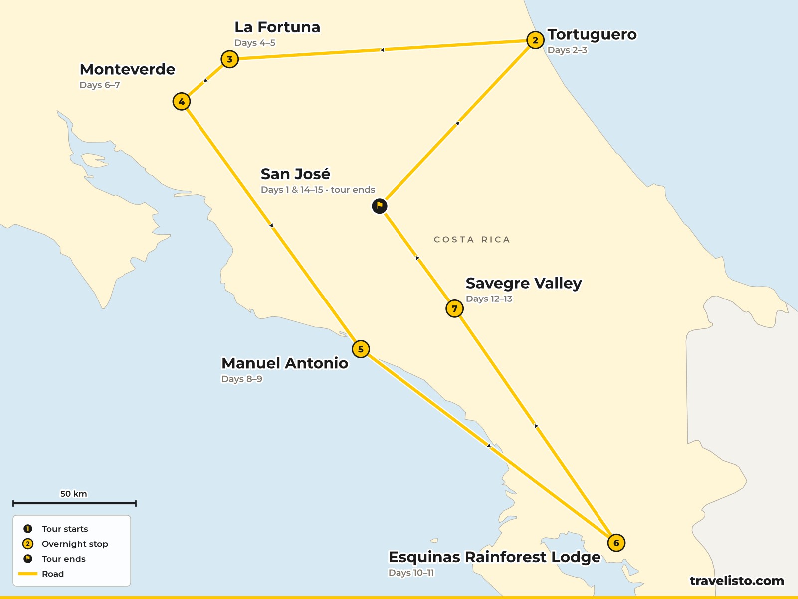 Map of the 15-day route from San José to Tortuguero, Arenal, Monteverde, Manuel Antonio, Esquinas and Savegre