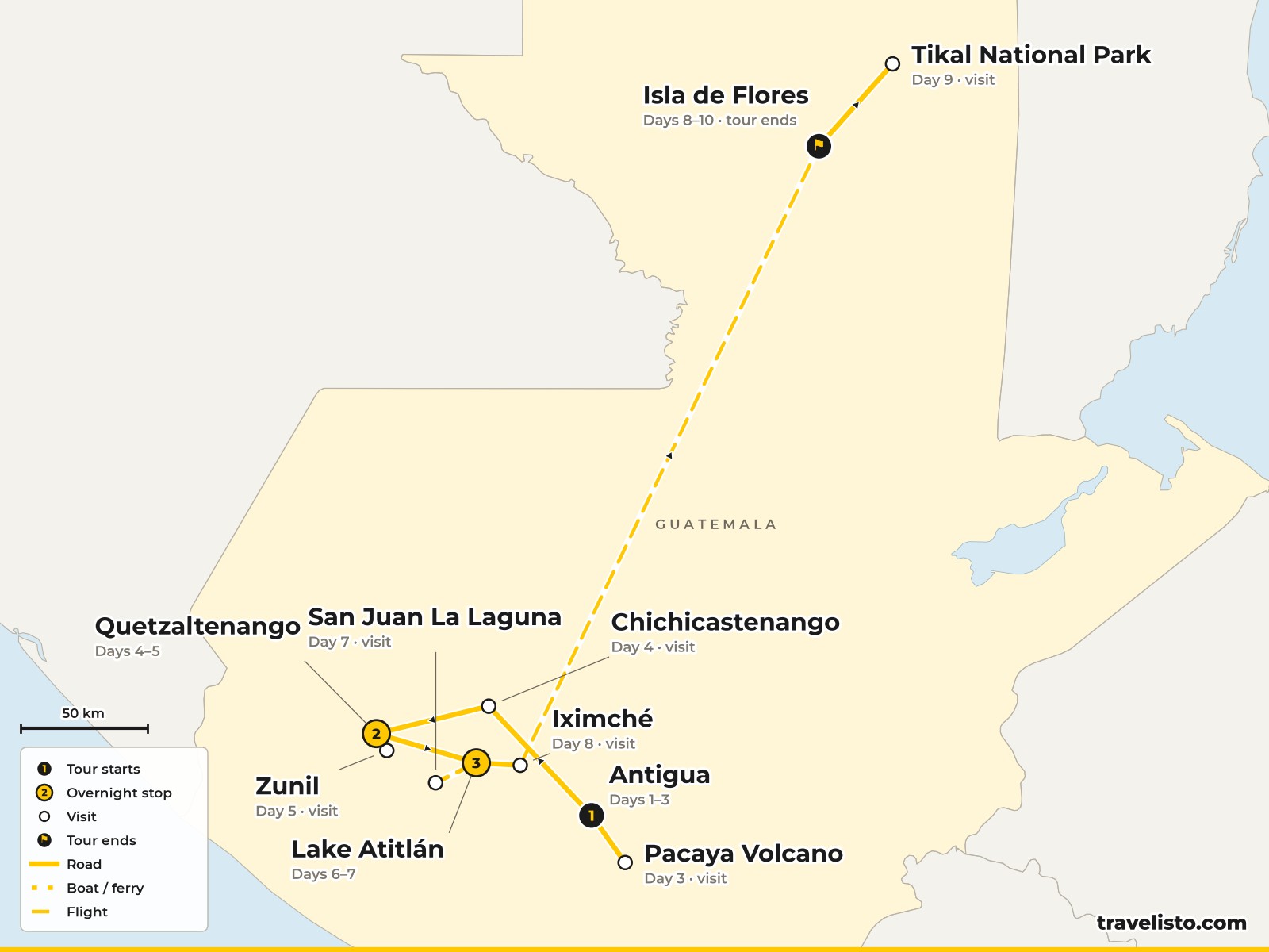 Map of the 10-day route from Antigua to Chichicastenango, Quetzaltenango, Lake Atitlán, Flores and Tikal