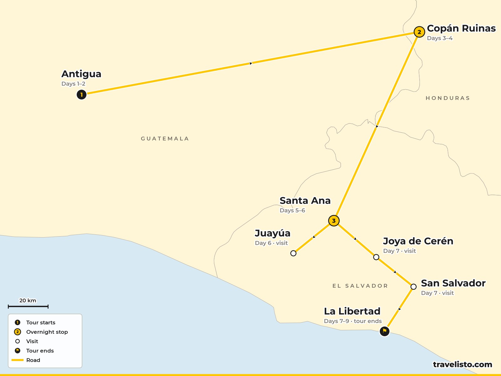 Map of the 9-day route from Antigua to Copán, Santa Ana and the Costa del Sol