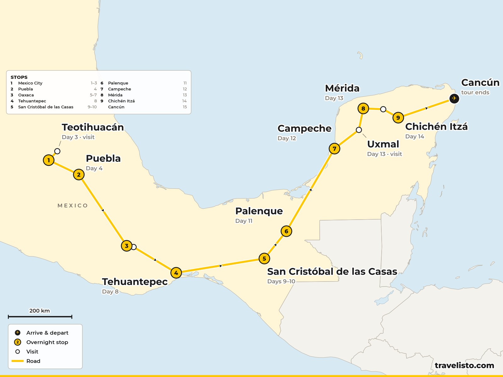 Map of the 15-day route from Mexico City to Puebla, Oaxaca, San Cristóbal, Palenque, Mérida, Chichén Itzá and Cancún