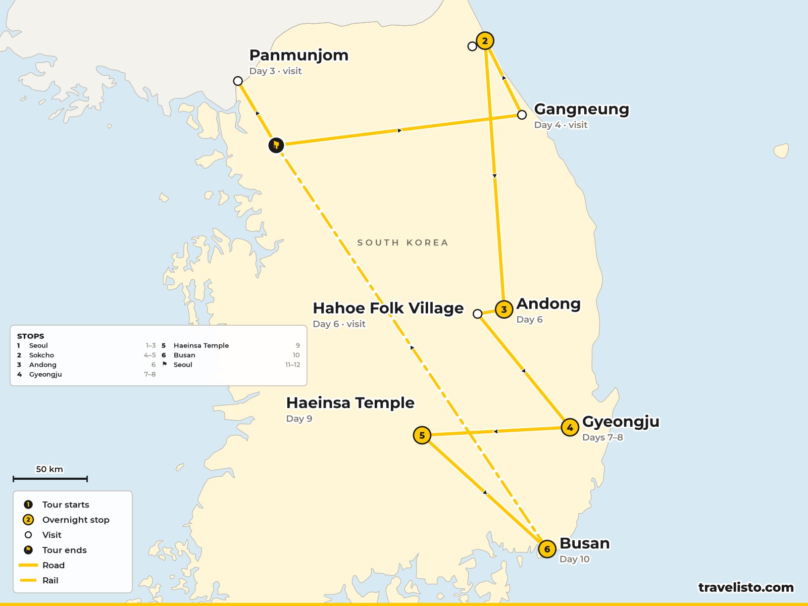 Map of the 12-day route from Seoul to Sokcho, Andong, Gyeongju, Haeinsa and Busan