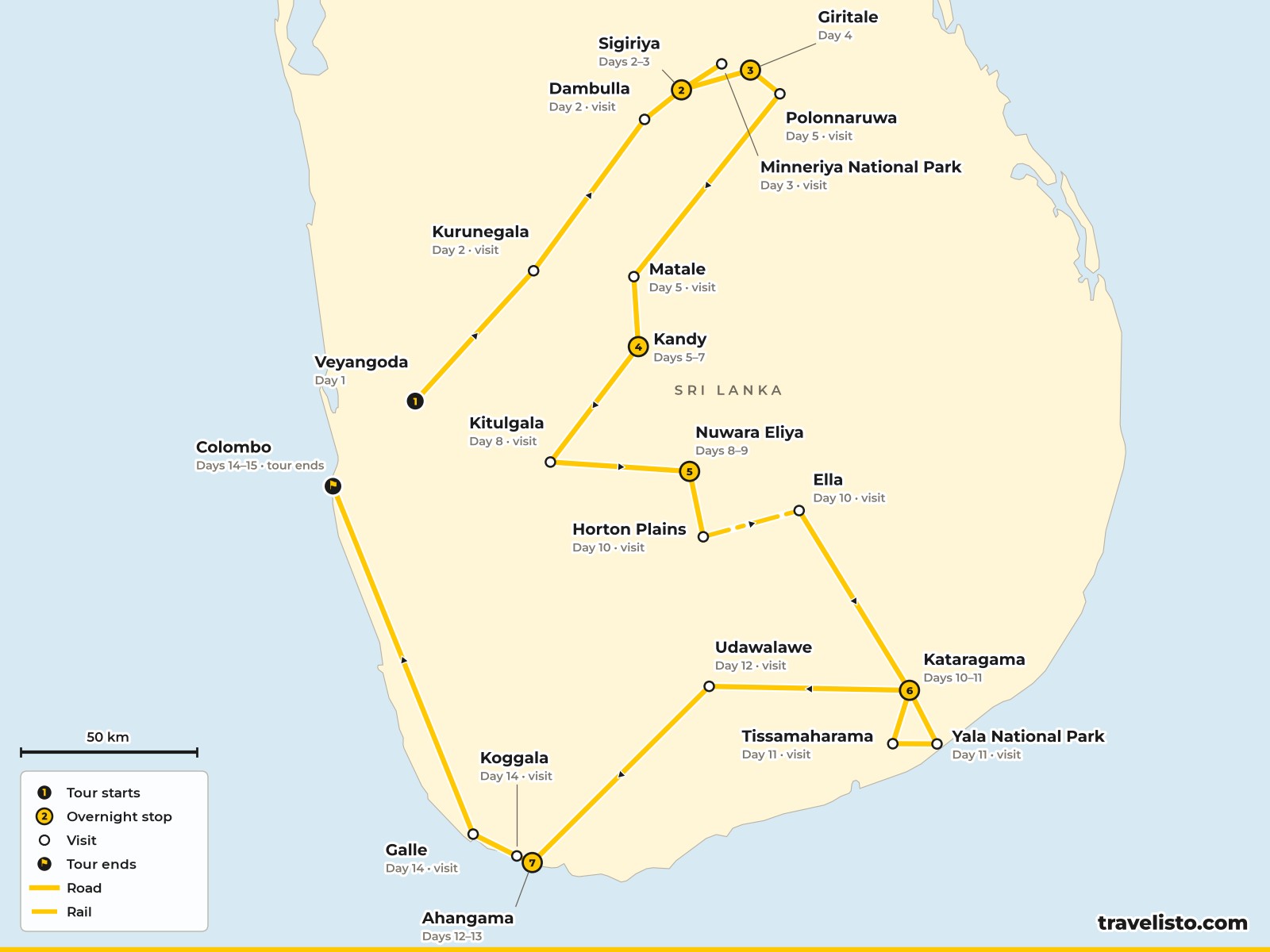 Map of the 15-day route from Veyangoda to Sigiriya, Kandy, Nuwara Eliya, Yala, Ahangama and Colombo