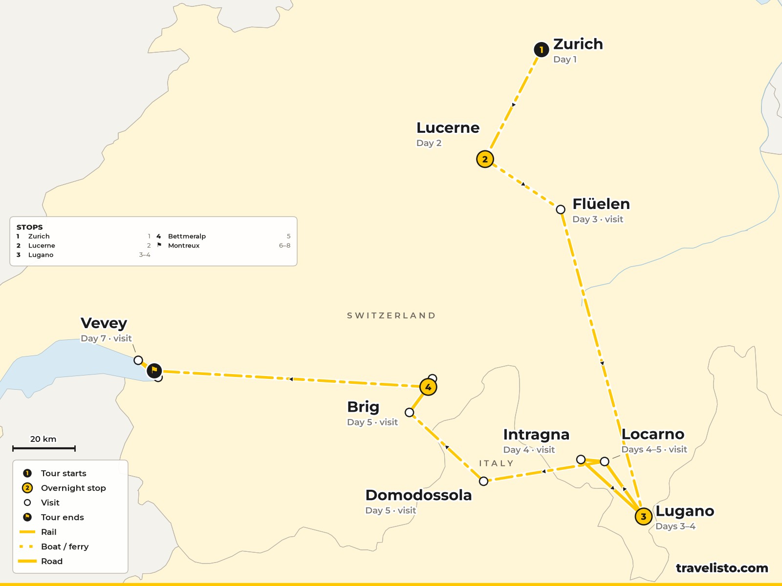 Map of the 8-day rail route from Zurich to Lucerne, Lugano, Locarno, Bettmeralp and Montreux