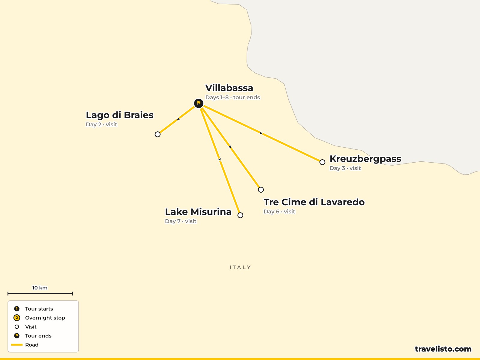 Map of the 8-day Dolomites hiking holiday based in Villabassa