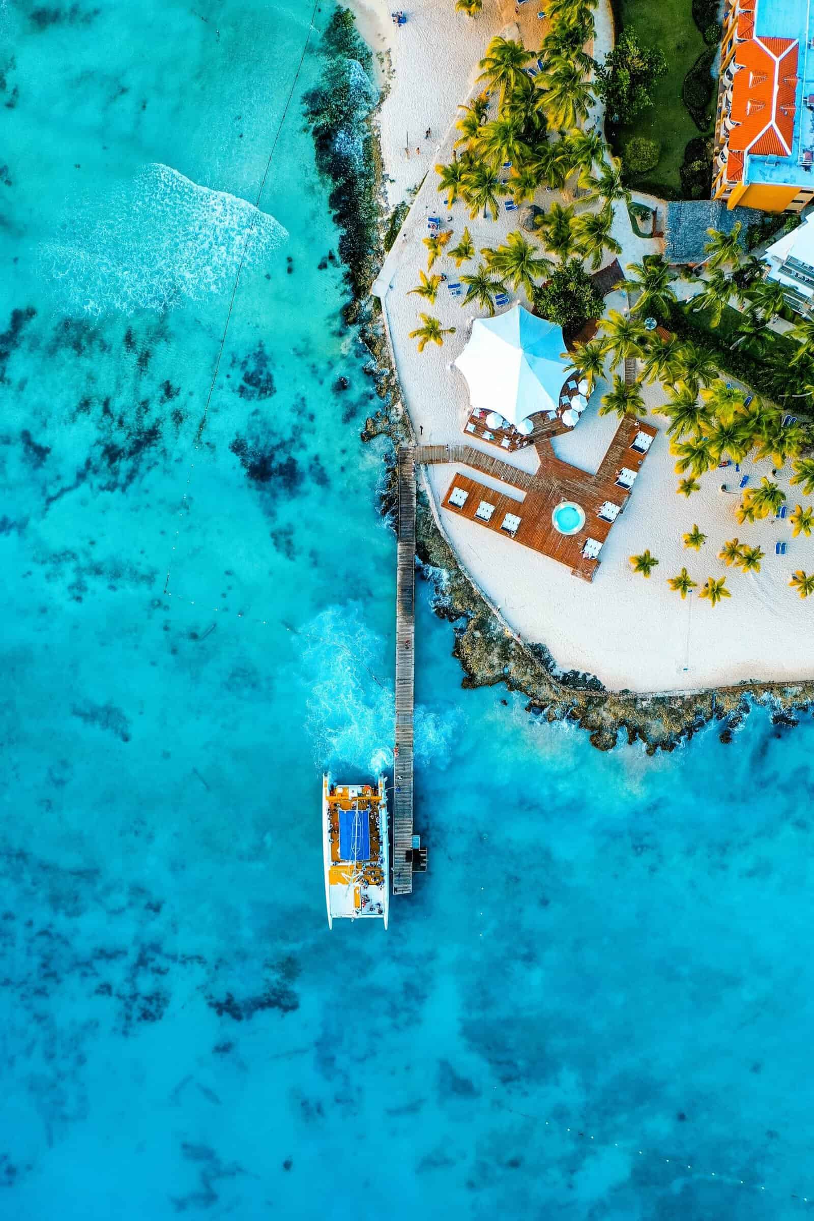 Aerial view of Bayahibe beach and clear water in the Dominican Republic
