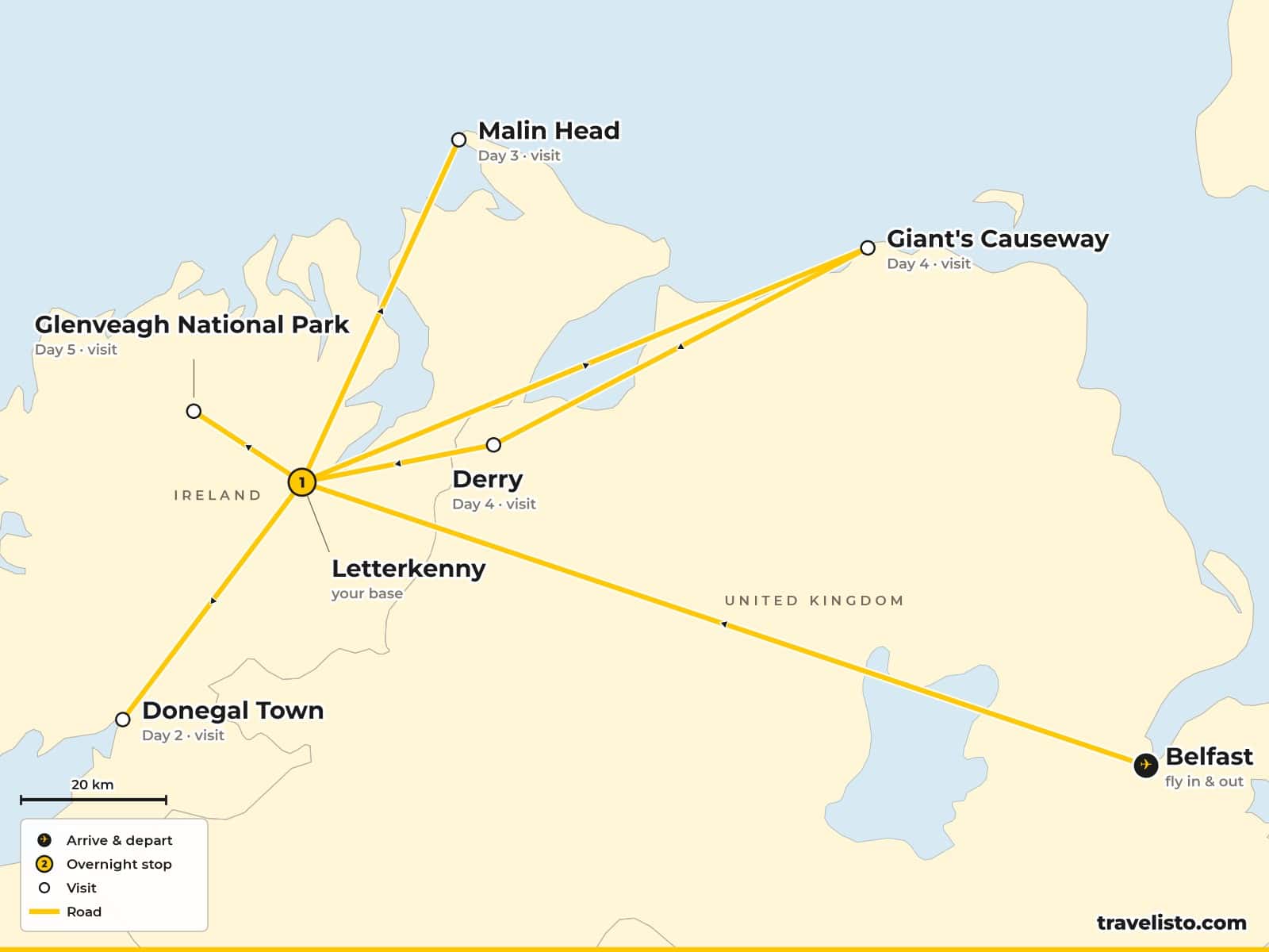 Map of the 6-day break based in Letterkenny, with days out to Donegal town, Malin Head, the Giant's Causeway, Derry and Glenveagh