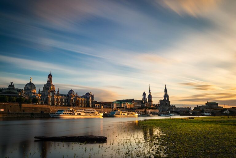 Dresden's skyline over the Elbe at sunset