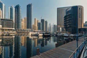 Dubai Marina skyline and yachts in the morning light