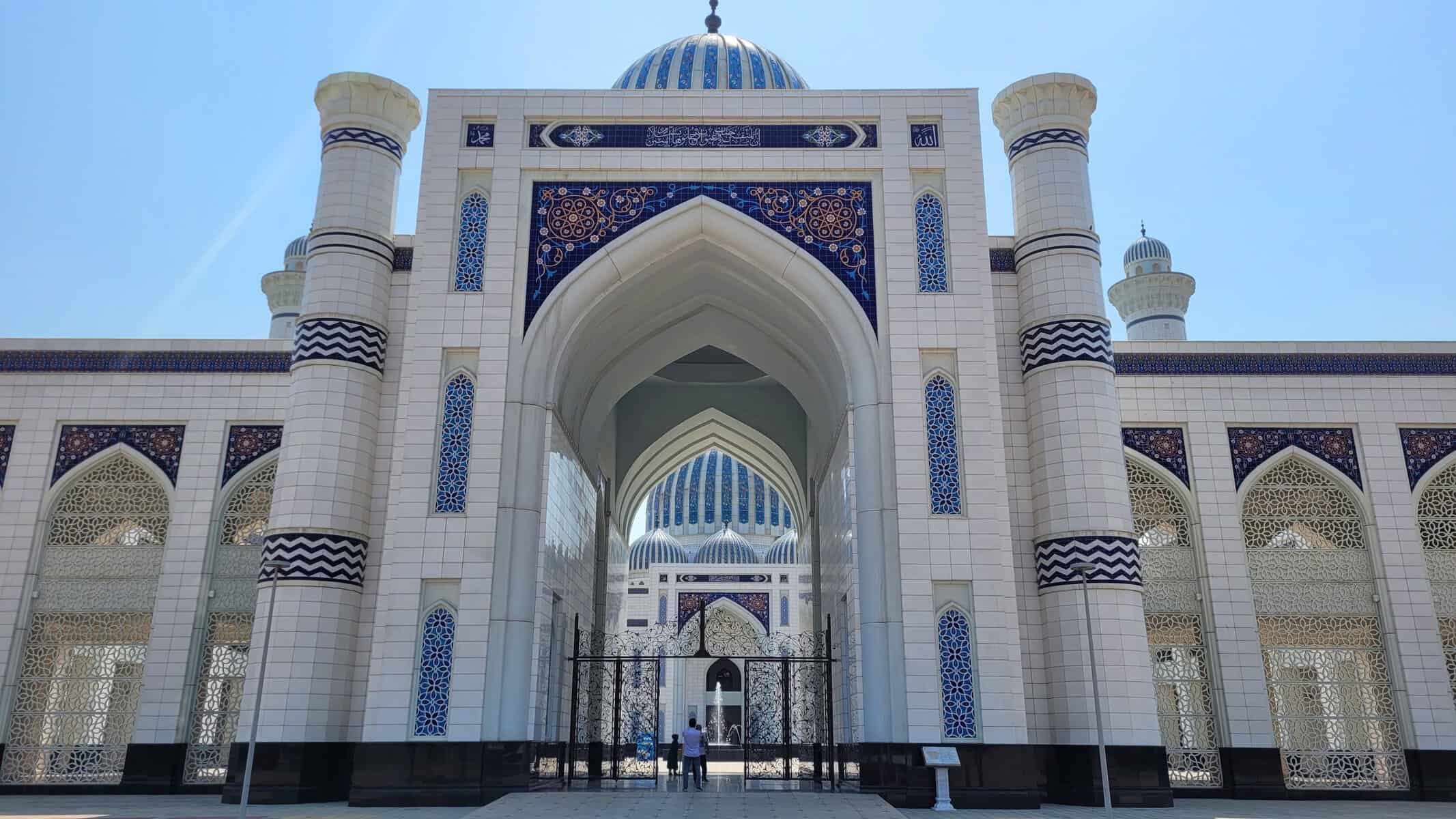 The entrance of a grand mosque in Dushanbe, Tajikistan