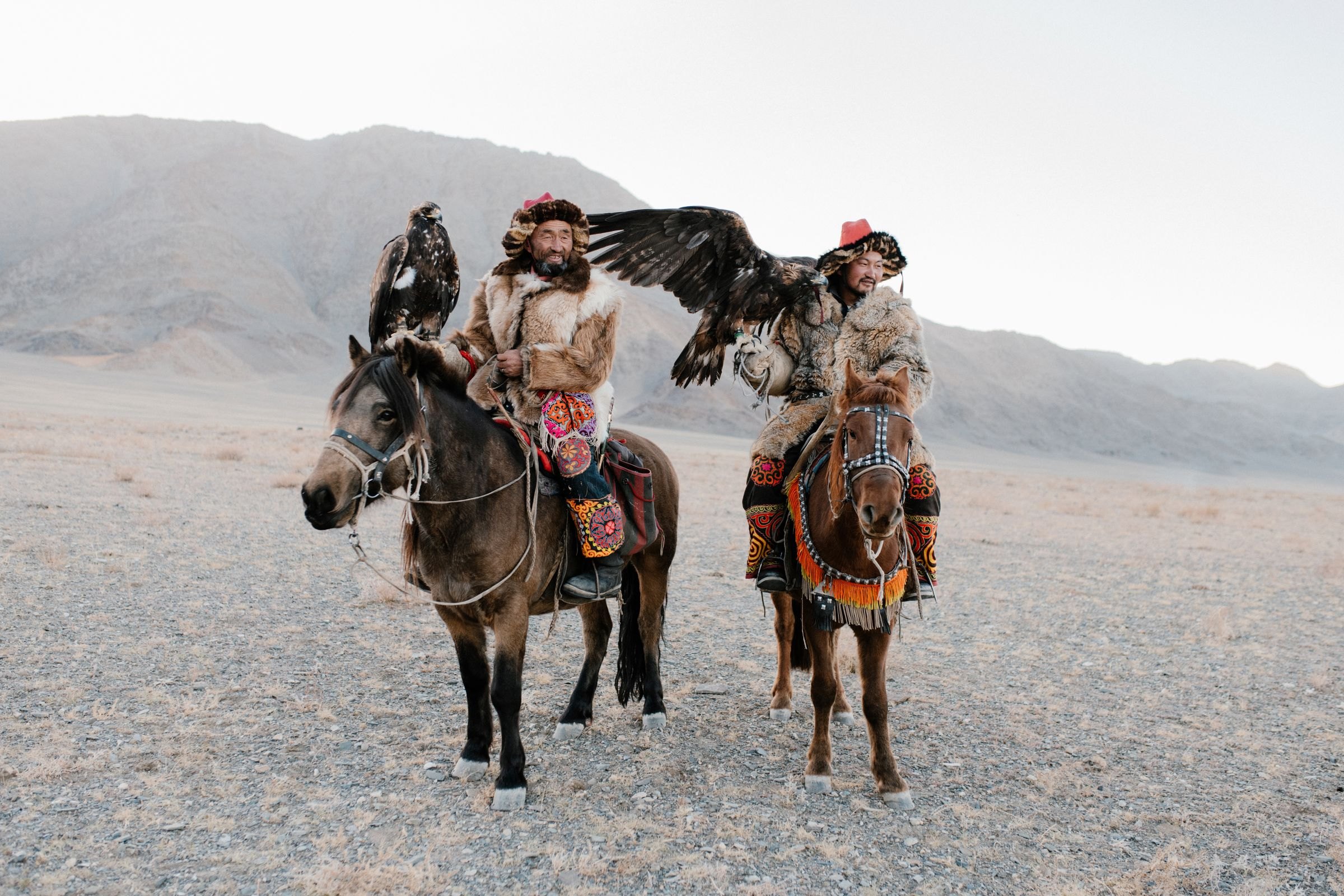 Eagle hunters on horseback in western Mongolia