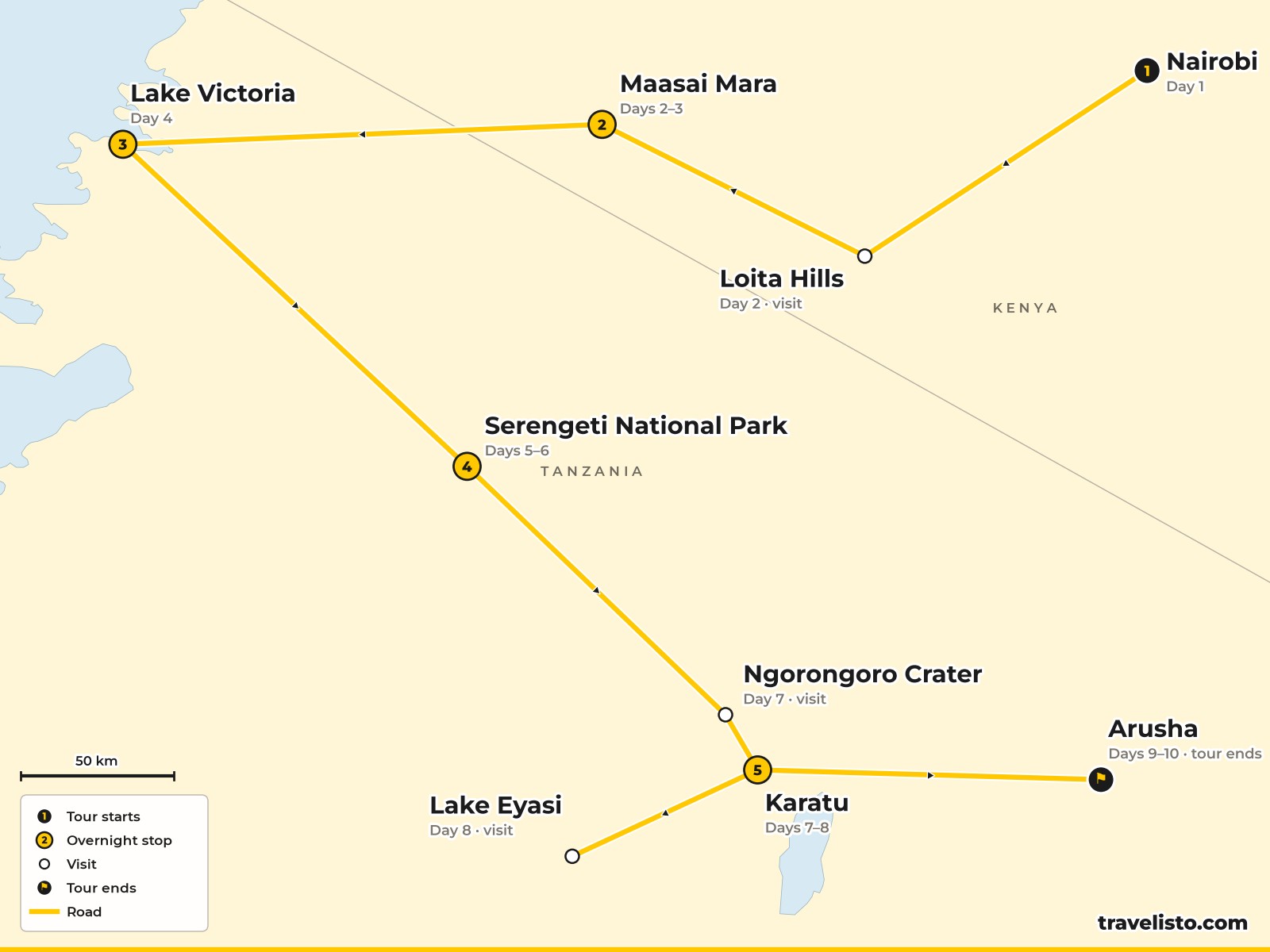 Map of the 10-day safari from Nairobi to the Maasai Mara, Serengeti, Ngorongoro and Arusha