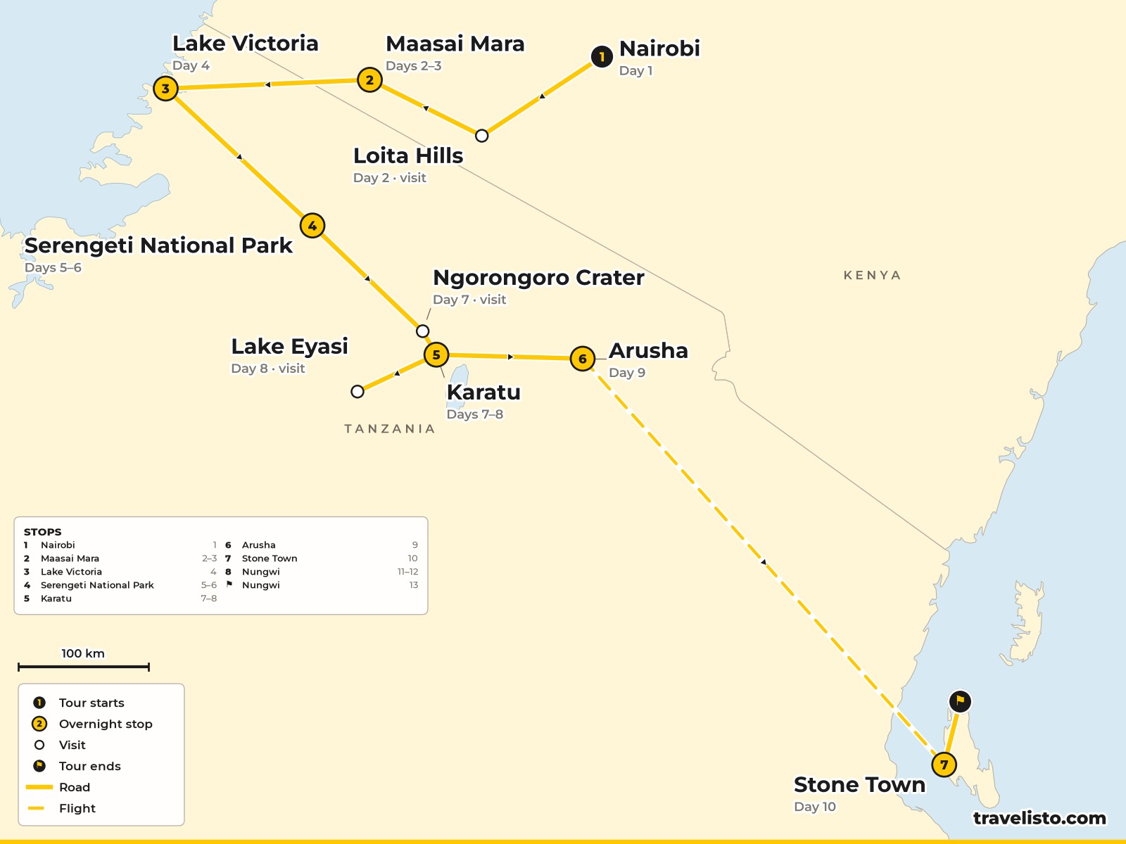 Map of the 13-day route from Nairobi to the Maasai Mara, Serengeti, Ngorongoro and Zanzibar