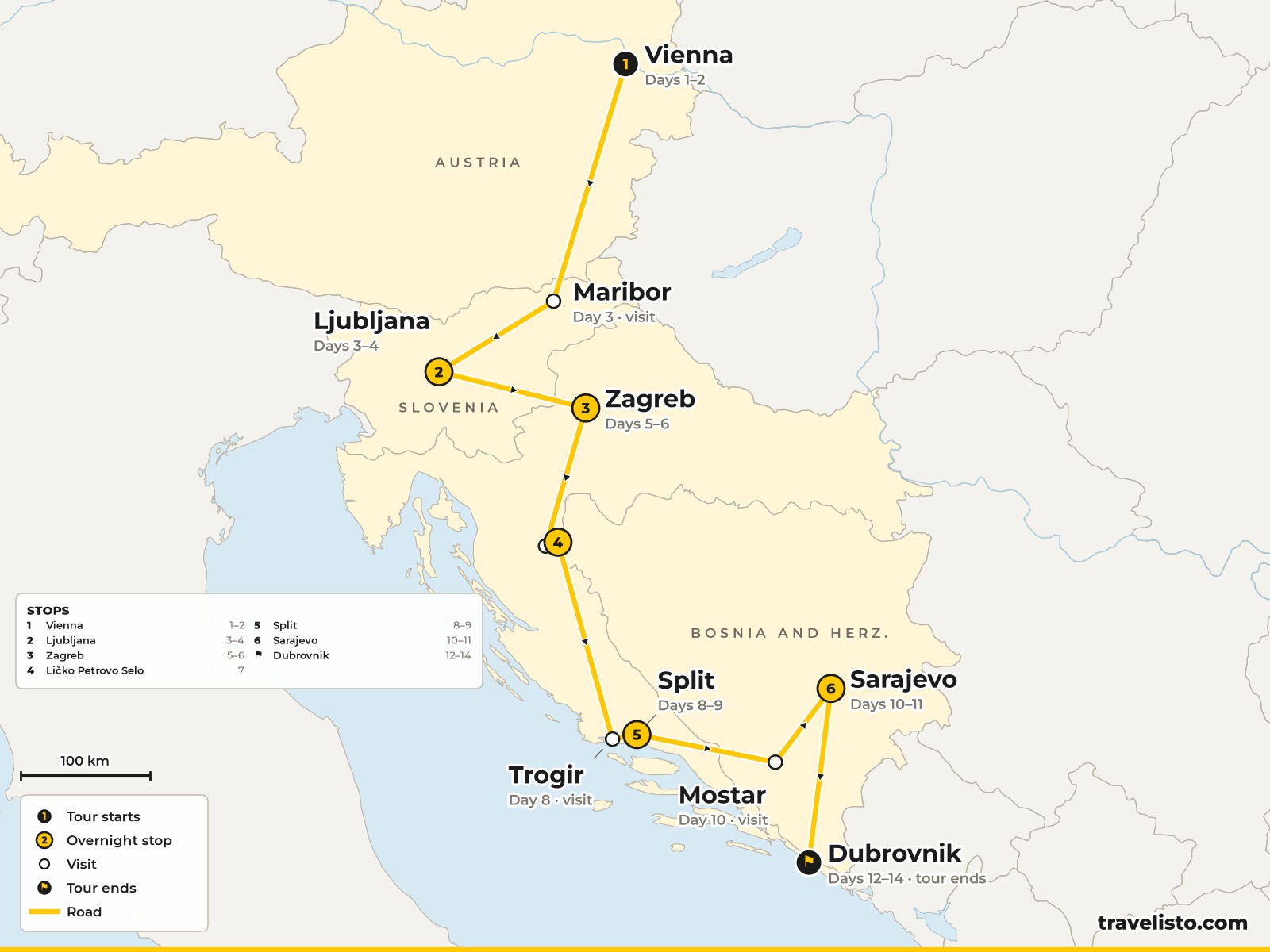 Map of the 14-day tour from Vienna to Maribor, Ljubljana, Zagreb, Plitvice, Split, Mostar, Sarajevo and Dubrovnik