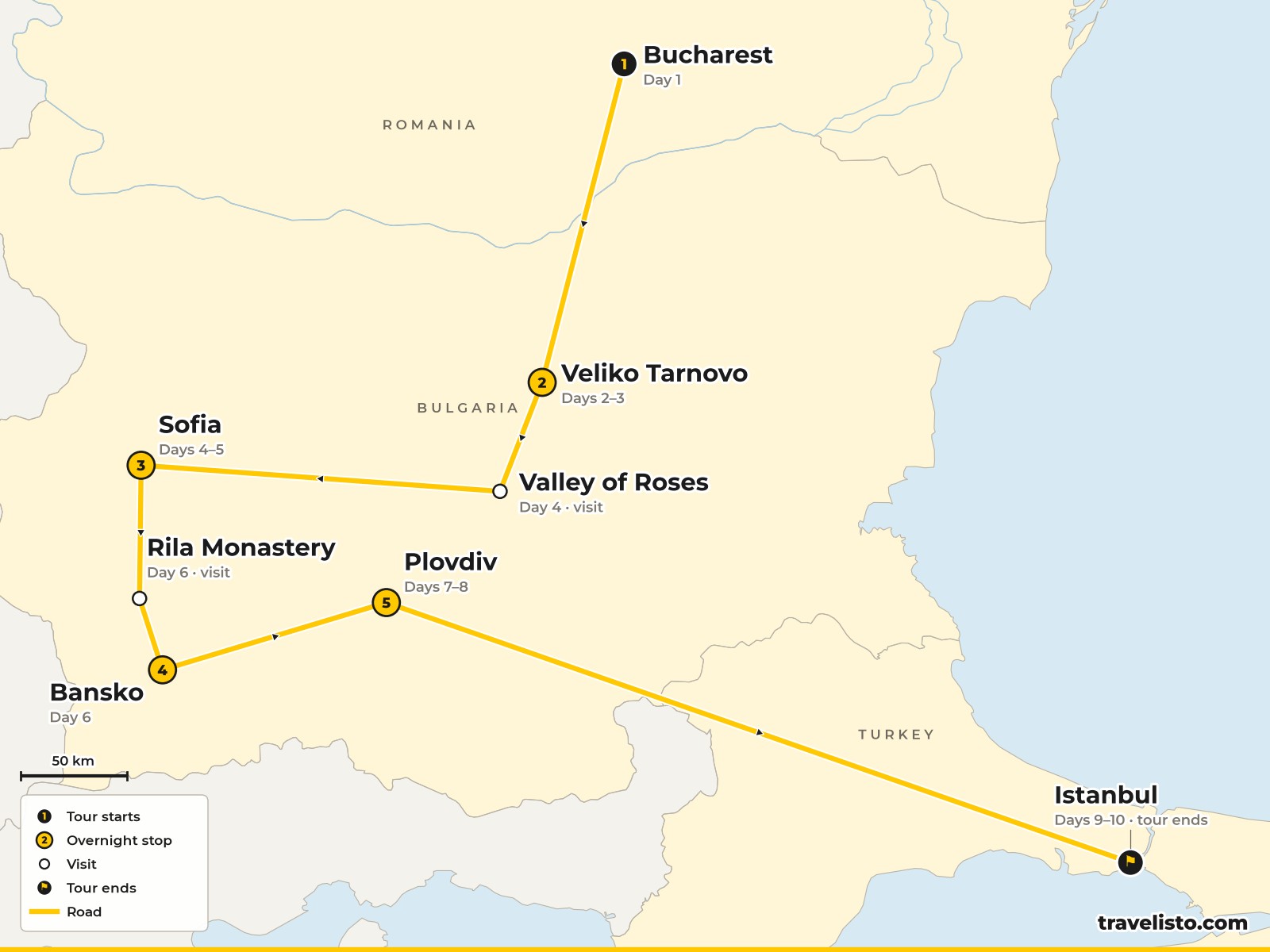 Map of the 10-day route from Bucharest through Bulgaria to Istanbul