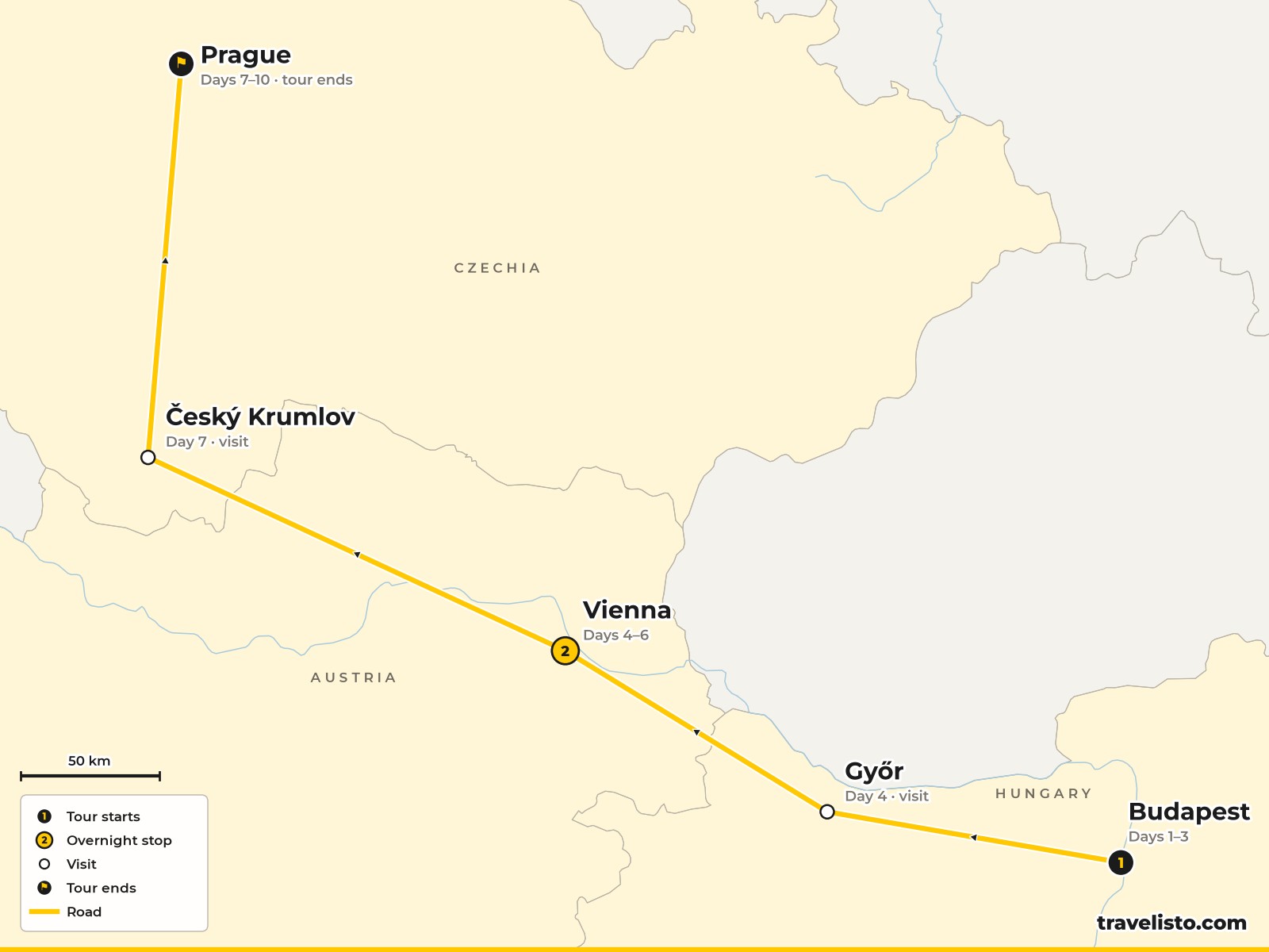 Map of the 10-day tour from Budapest to Győr, Vienna, Český Krumlov and Prague