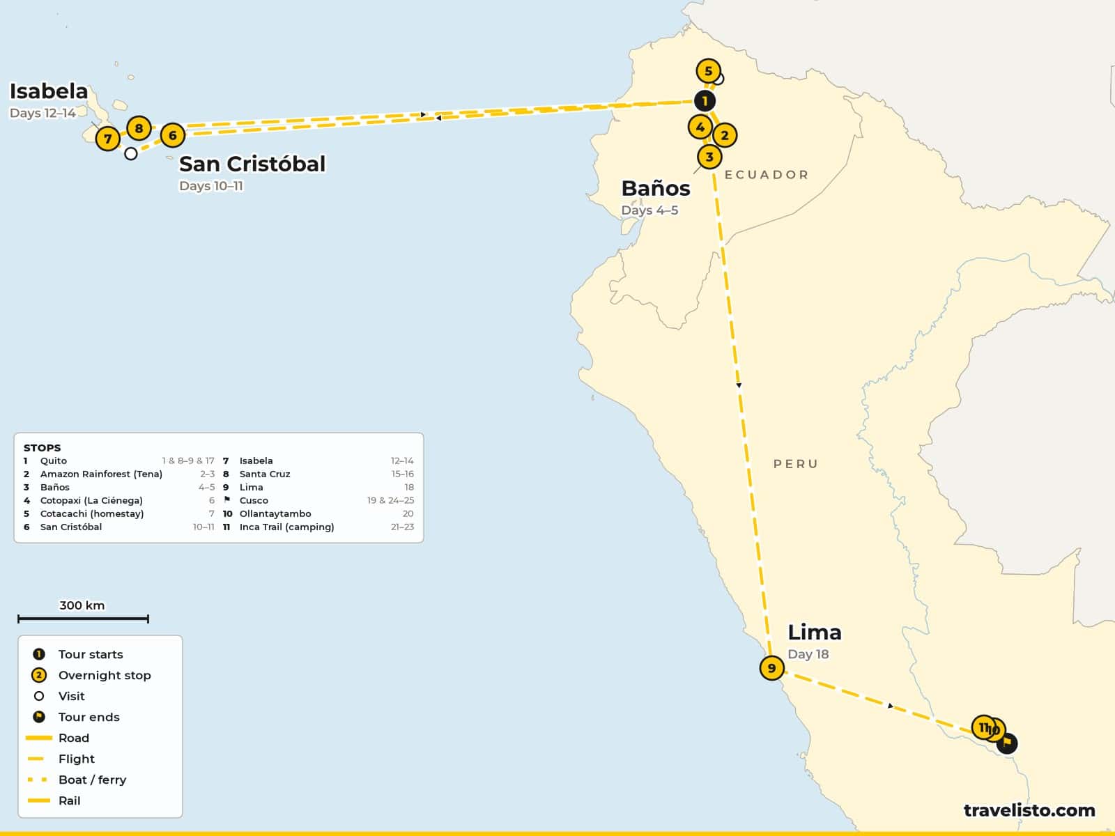 Map of the 25-day route from Quito to the Amazon, Baños, Cotopaxi and Otavalo, the Galápagos, Lima, Cusco and the Inca Trail